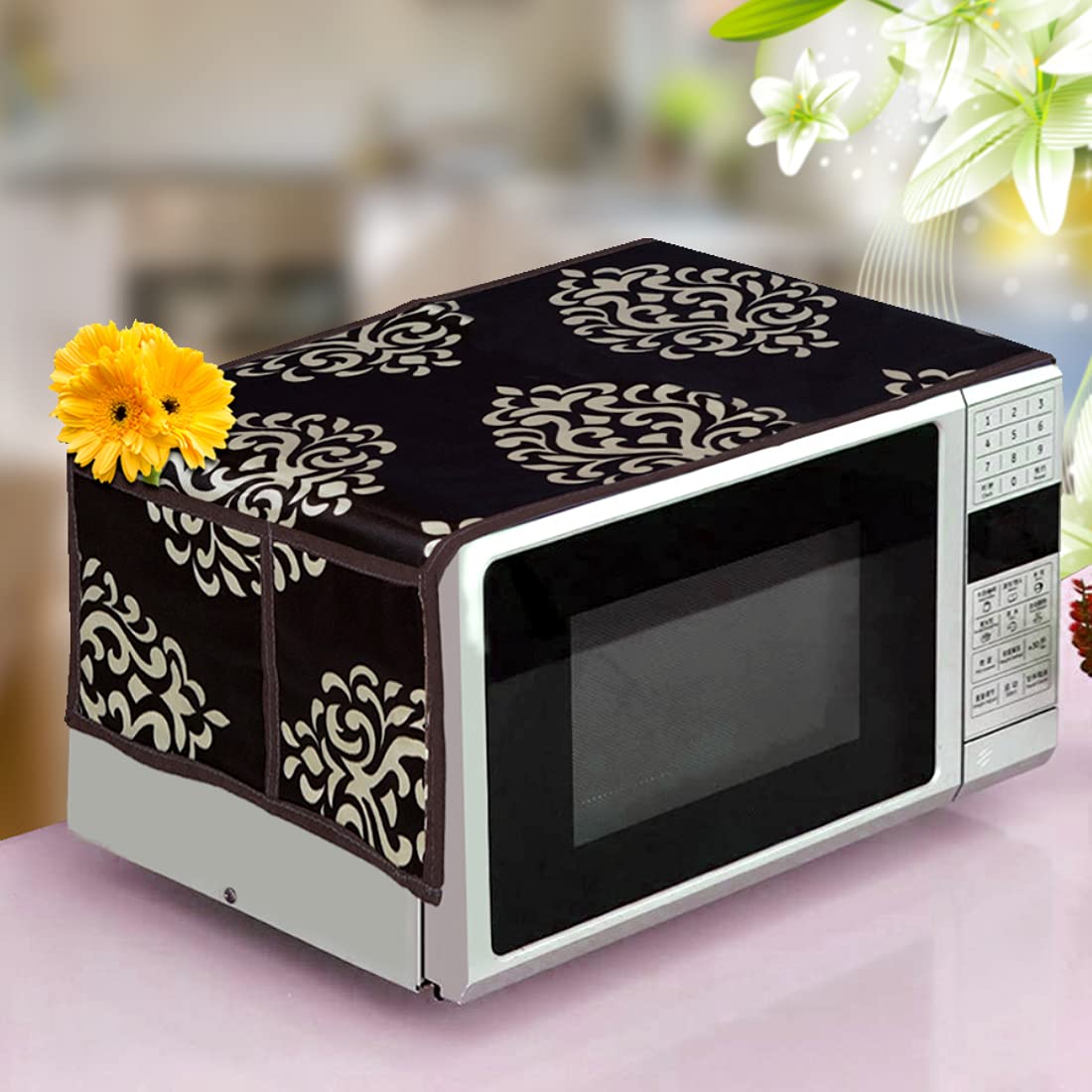 Kanushi Industries Microwave/Oven Top Cover With 4 Utility Pockets (Var-Micro-Brown-Floral)