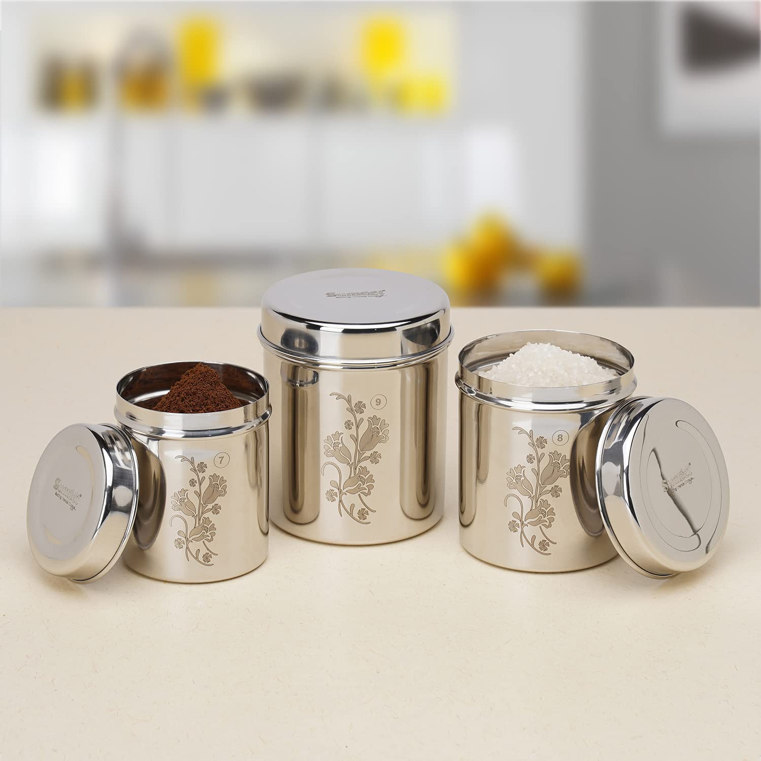 Sumeet Designer Stainless Steel Vertical Canisters/Ubha Dabba/Storage Containers Set Of 3Pc (400Ml,500Ml,750Ml)