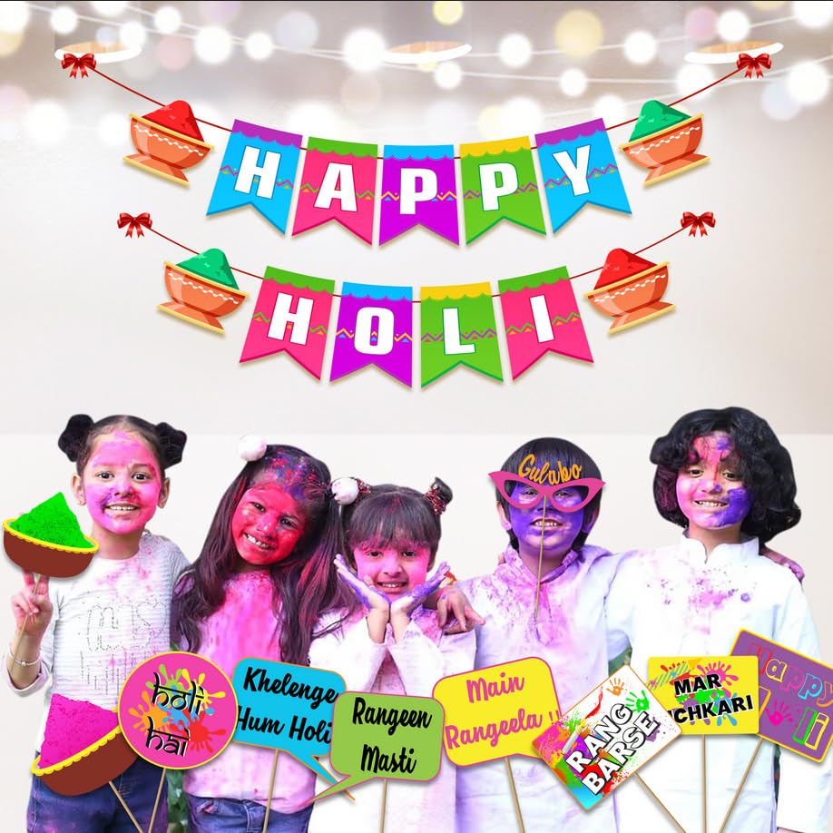 Untumble Happy Holi Banner with Photo Booth Props  Colorful Holi Party Decoration Kit for Celebrations & Photoshoots