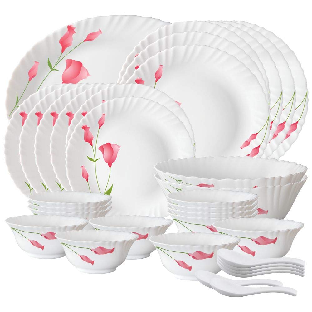 Larah By Borosil Fluted Series Diana Opalware Dinner Set | 33 Piece For Family Of 6 | Microwave & Dishwasher Safe | BoneAsh Fre