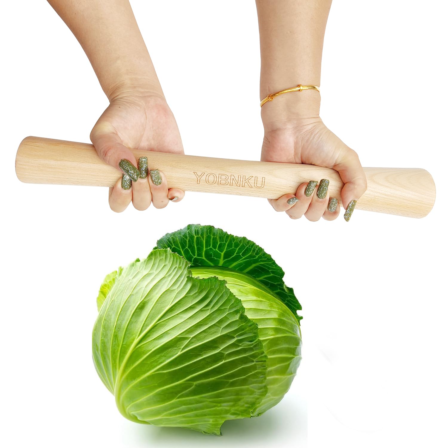 YOBNKU Sauerkraut Pounder 16'' Natural Beech Wood for Fermentation Crocks and Mason Jars - Cabbage Tamper for Packing Down Fermented Foods like Kimchi (16 in)
