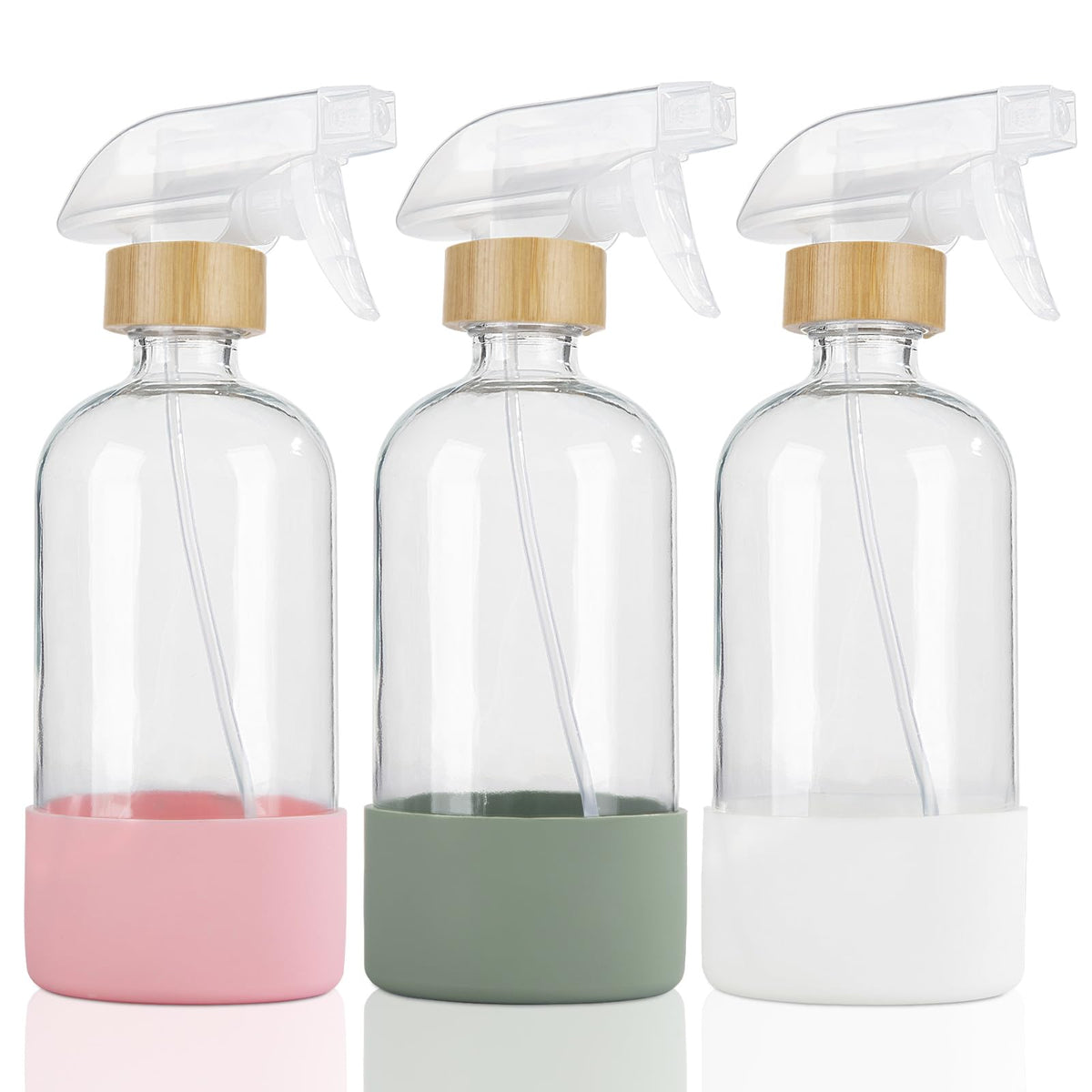 Hombys Empty Bamboo Glass Spray Bottles With Silicone Sleeve Protection - Refillable 17 Oz Clear Glass Containers For Cleaning S