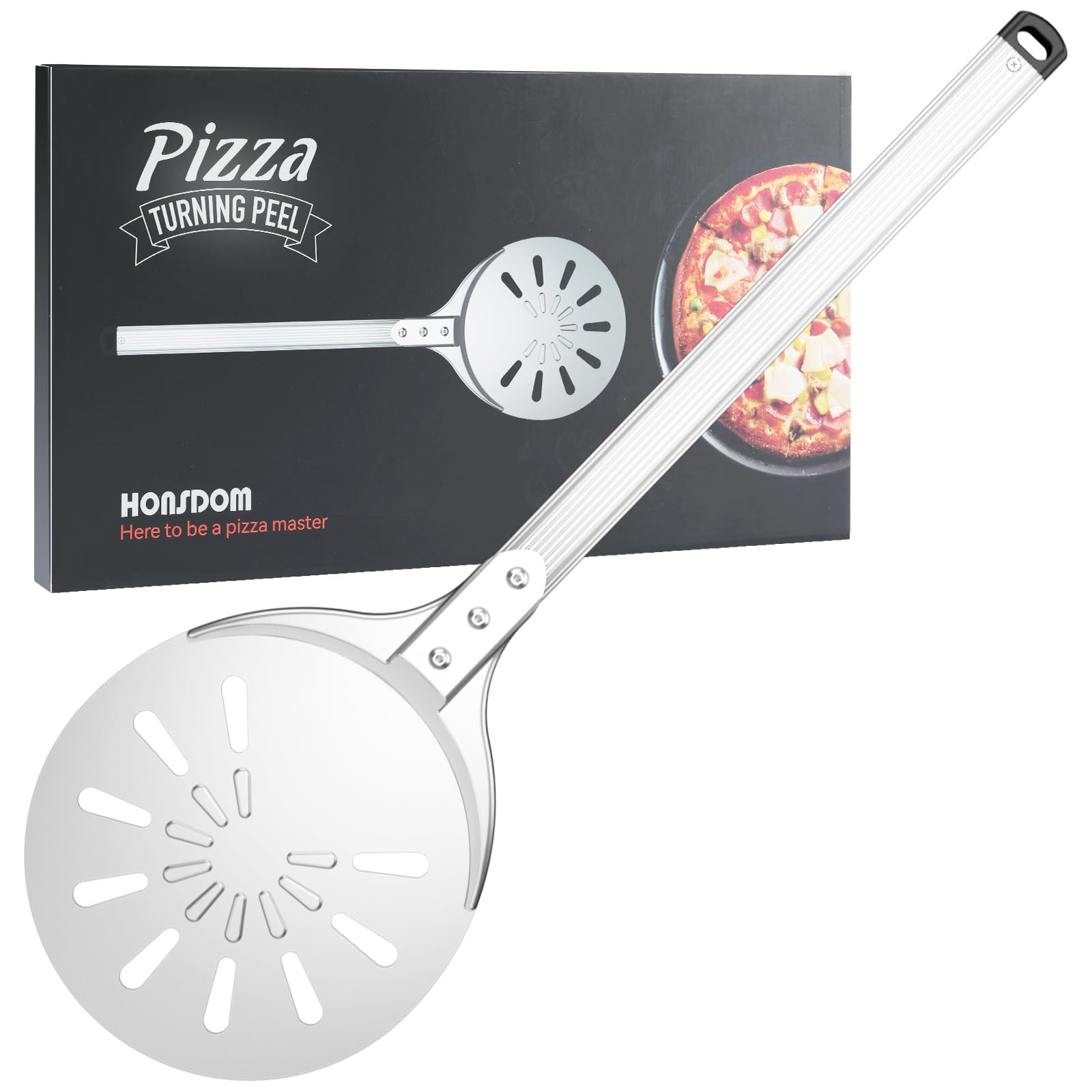 Pizza Turning Peel, 8-Inch Pizza Peel Turner Spinner, Long Handle Perforated Aluminum Pizza Peel With Silicone Hook, Pizza Oven