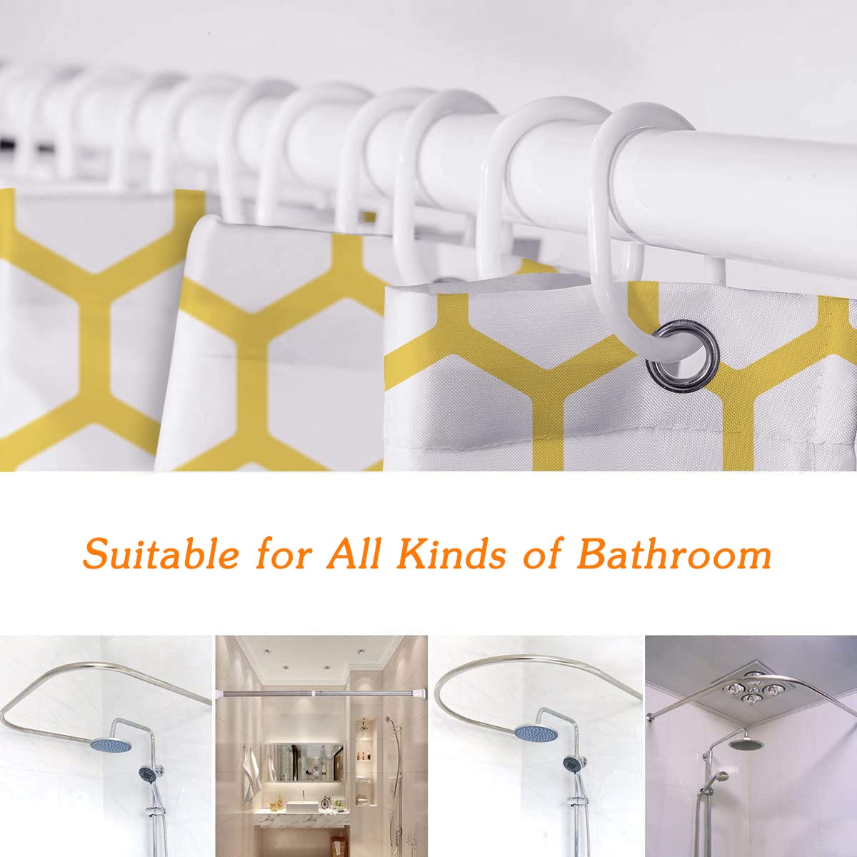 SPXUBZ Yellow and White Hexagonal Pattern Honeycomb Beehive Simplistic Geometrical Monochrome Yellow White Shower Curtain Waterproof Bathroom Decor Polyester Fabric Curtain Sets with Hooks 60x72 Inch