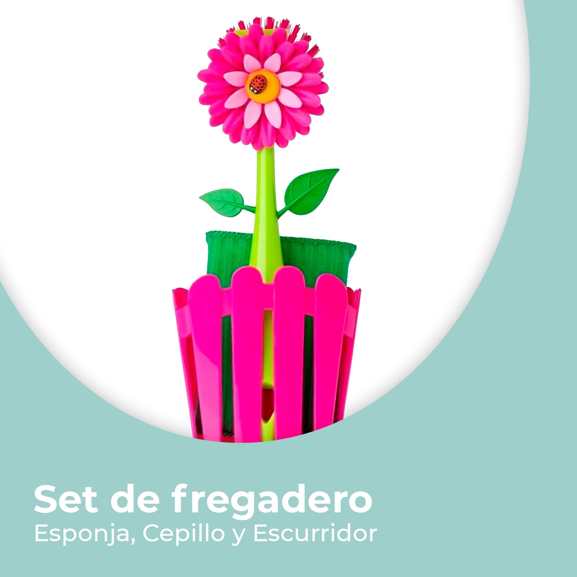 Vigar Flower Power 3-Piece Sink Caddy Set, Daisy-Shaped Dish Brush, Sponge And Fence-Shaped Holder With Suction Cup, Pink