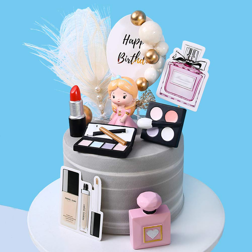 MEMOVAN Makeup Cake Topper 4 Pack  Resin Cosmetics Lipstick Perfume Bottle Eye Shadow Blush Makeup Cake Decorations for Bridal Shower Bachelorette Girl Women Spa Makeup Themed Birthday Party Supplies