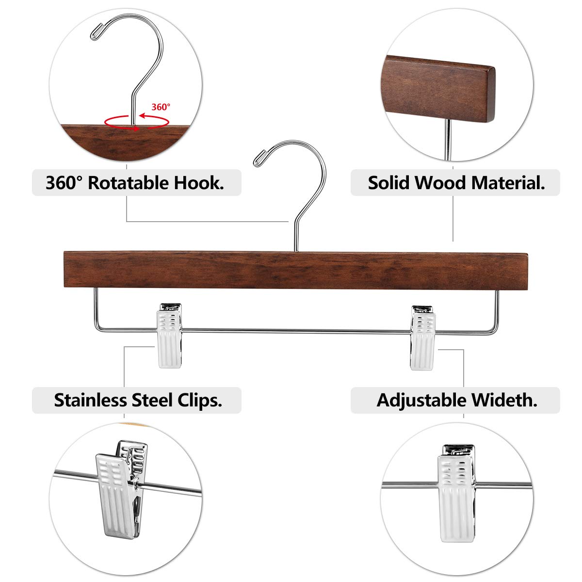 AMKUFO 20pcs Wooden Pants Hangers Solid Pants Hangers with Adjustable Clips 14 Inch Walnut Wood Skirt Hangers Trousers Bottom Hangers with Non-Slip Clips and 360? Swivel Hook