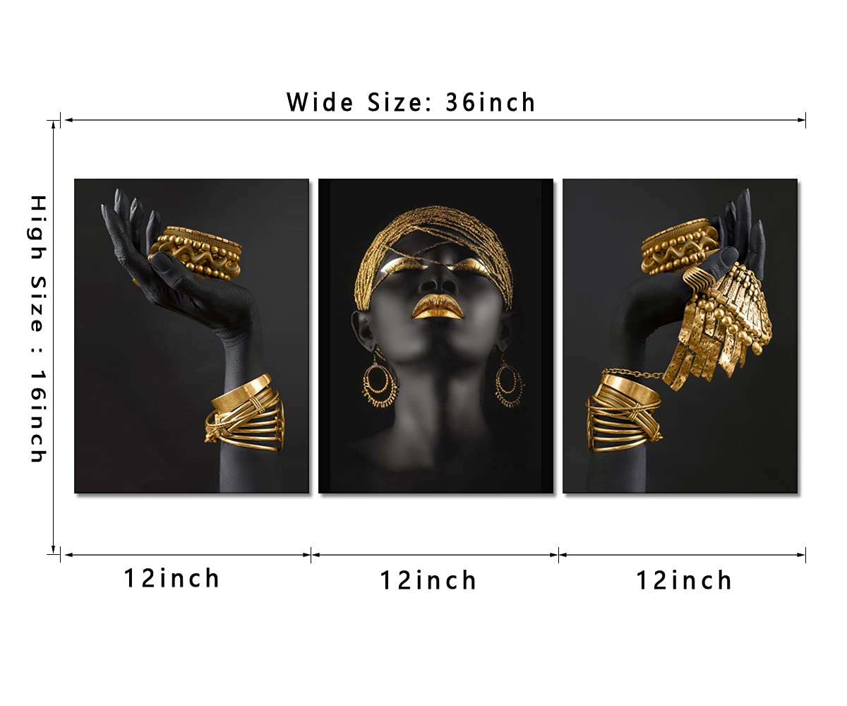 Mamago Canvas Wall Art Painting African Woman Pictures Modern Gold Black Woman Holding Gold Jewelry Posters Prints Artwork Home