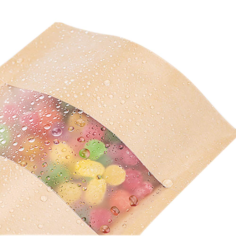 Kingrol 300 Pack 3.5 X 5.5 Inch Mini Kraft Paper Bags With Resealable Lock Seal Zipper &Transparent Window, Stand Up Food Bags