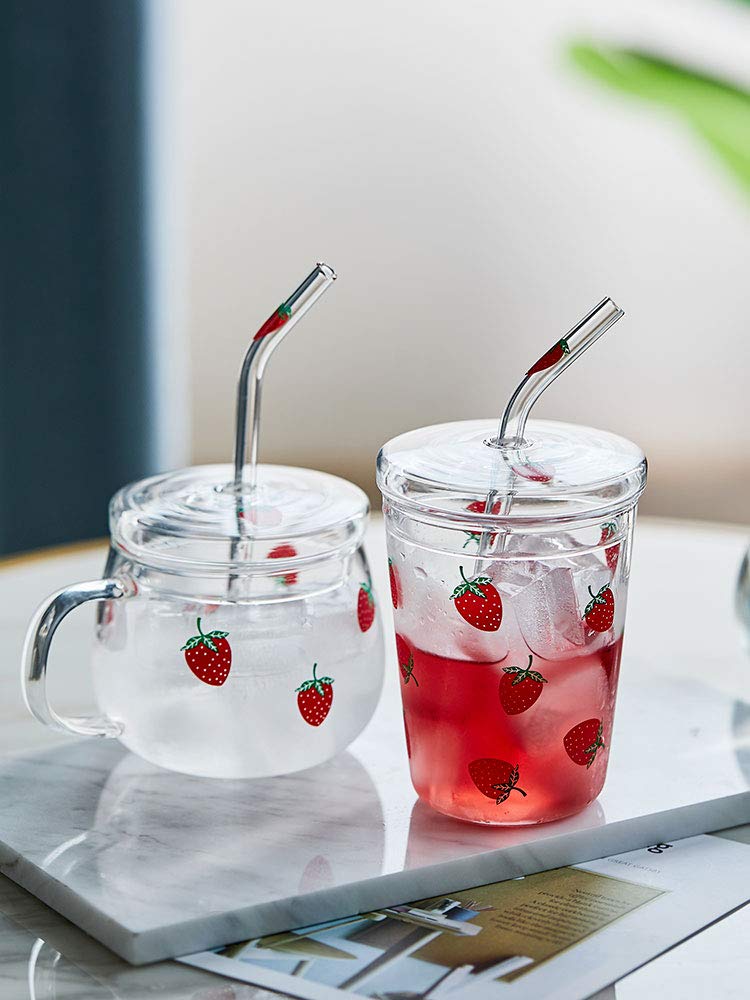 Jhnif 10 Oz Lovely Strawberry Clear Glass Mug With Lid And Straw.