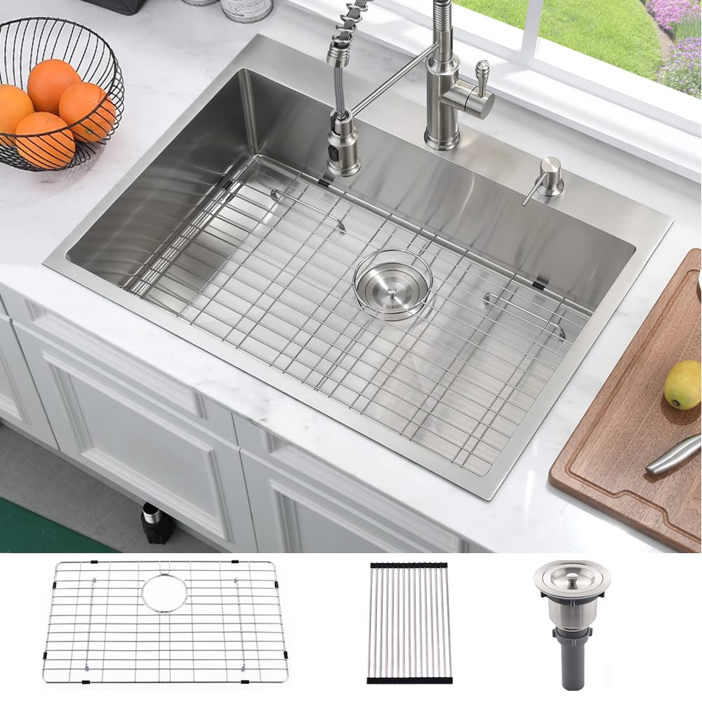 33 Inch Drop In Kitchen Sink Stainless Steel-Bokaiya 33X22 Single Bowl Drop In Kitchen Sink 16 Gauge Deep Stainless Steel Deep K