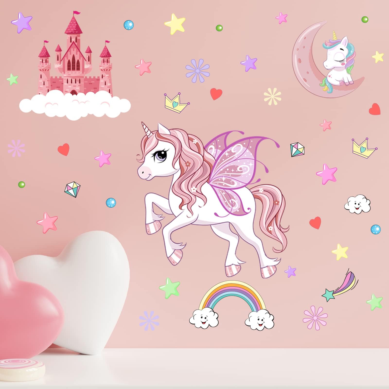 Glow in The Dark Stars Unicorn Wall Decals  Castle Moon Rainbow Stickers for Ceiling  DIY Unicorn Wall Decor for Nursery Girls Playroom  Kids Christmas Birthday Party Decoration