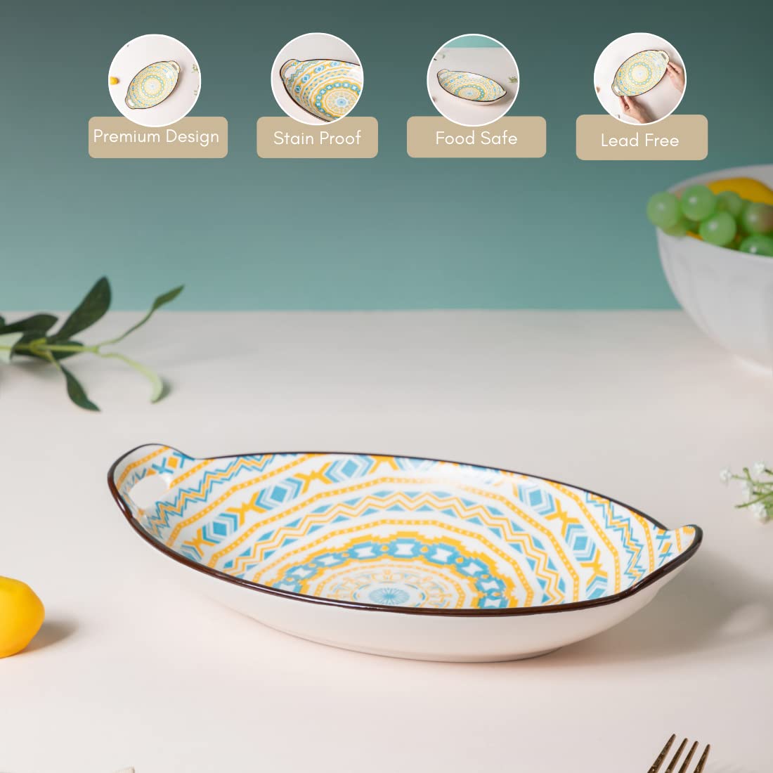 Nestasia Blue & Yellow Mandala Ceramic Long Dish with Handles for Serving Snacks, Appetizers, Salads, and Noodles| Microwave Saf