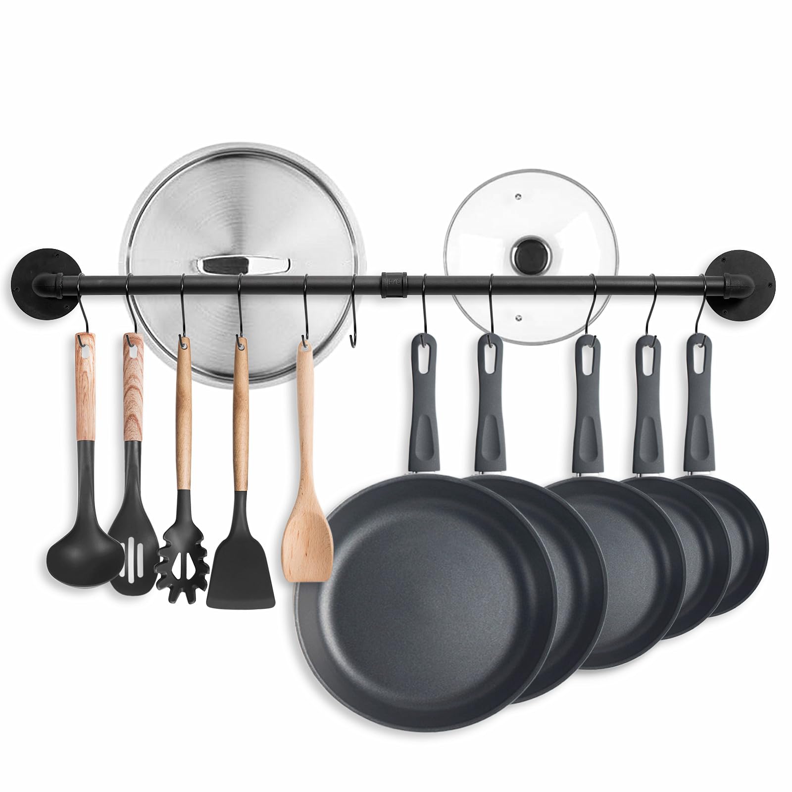 Boshangjia 38.5 inch Pot Rack Wall Mounted Detachable Pan Rack Organizer Industrial Pipe Hanging Rail Lids Utensils Hanger Holde