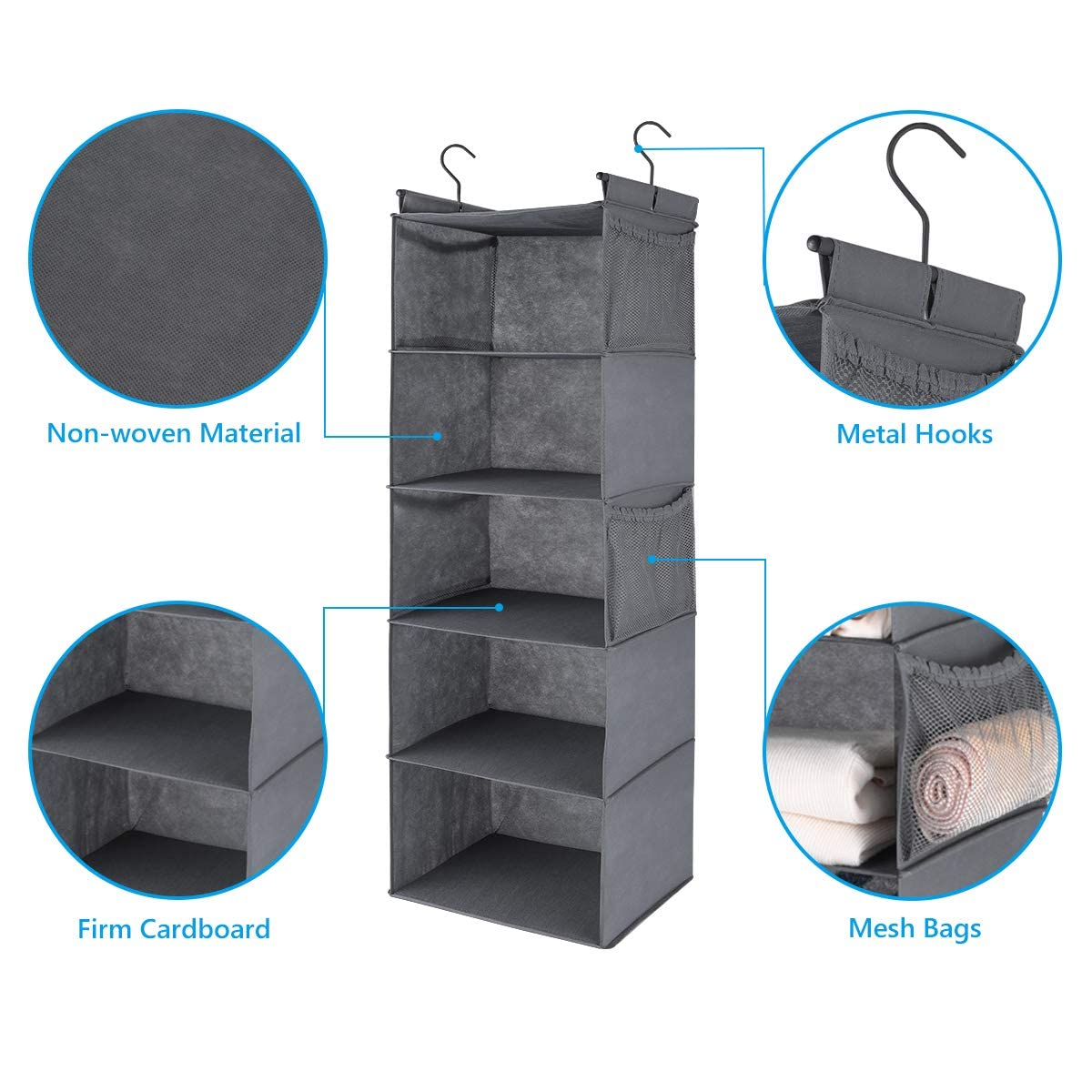 Max Houser 5 Shelf Hanging Closet Organizer, Space Saver, Cloth Hanging Shelves With 4 Side Pockets, Foldable, Grey