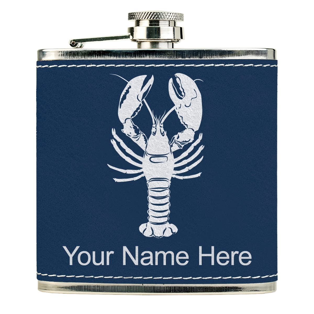 Faux Leather Flask, Lobster, Personalized Engraving Included (Dark Blue)