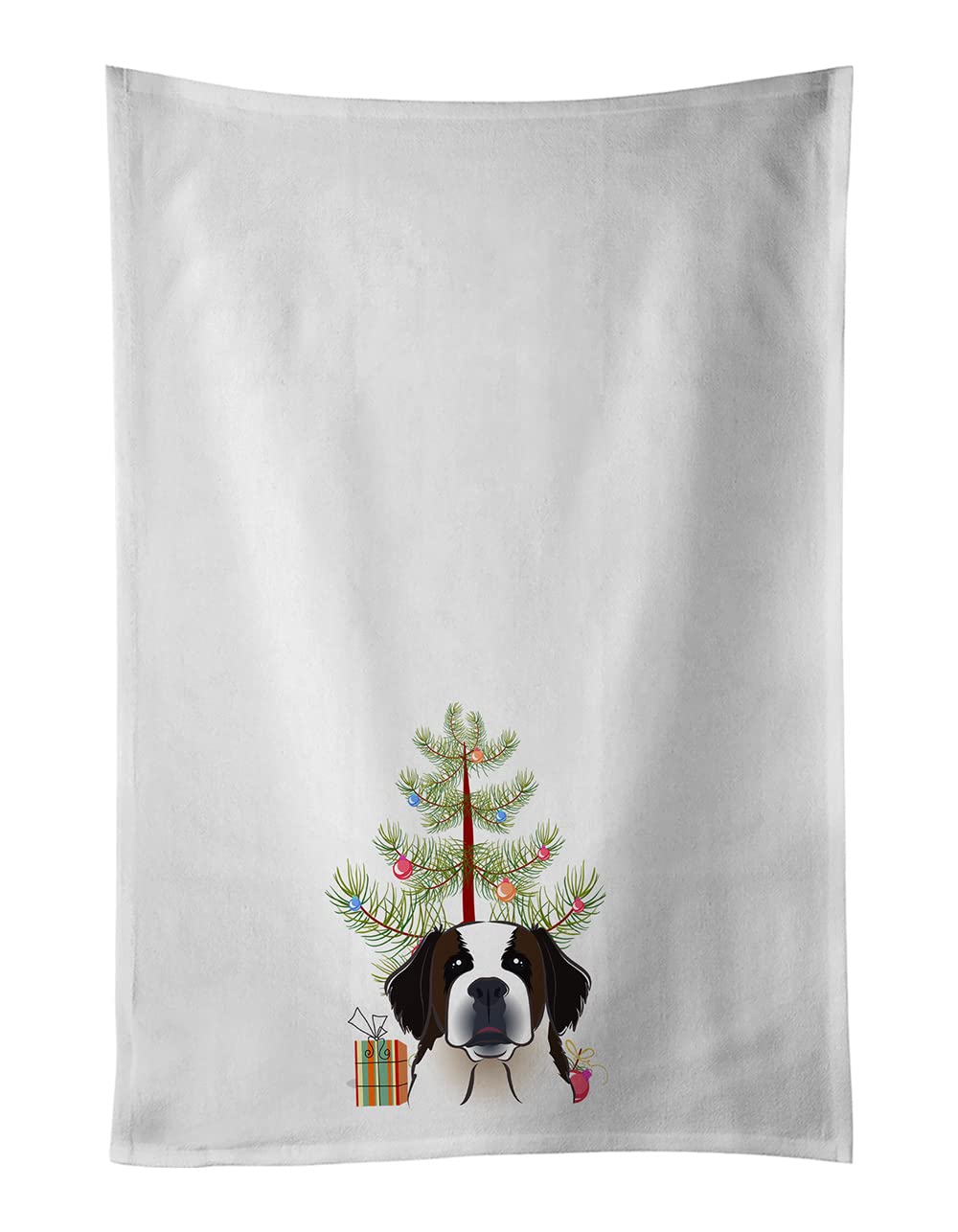 Christmas Tree and Saint Bernard White Kitchen Towel Set of 2