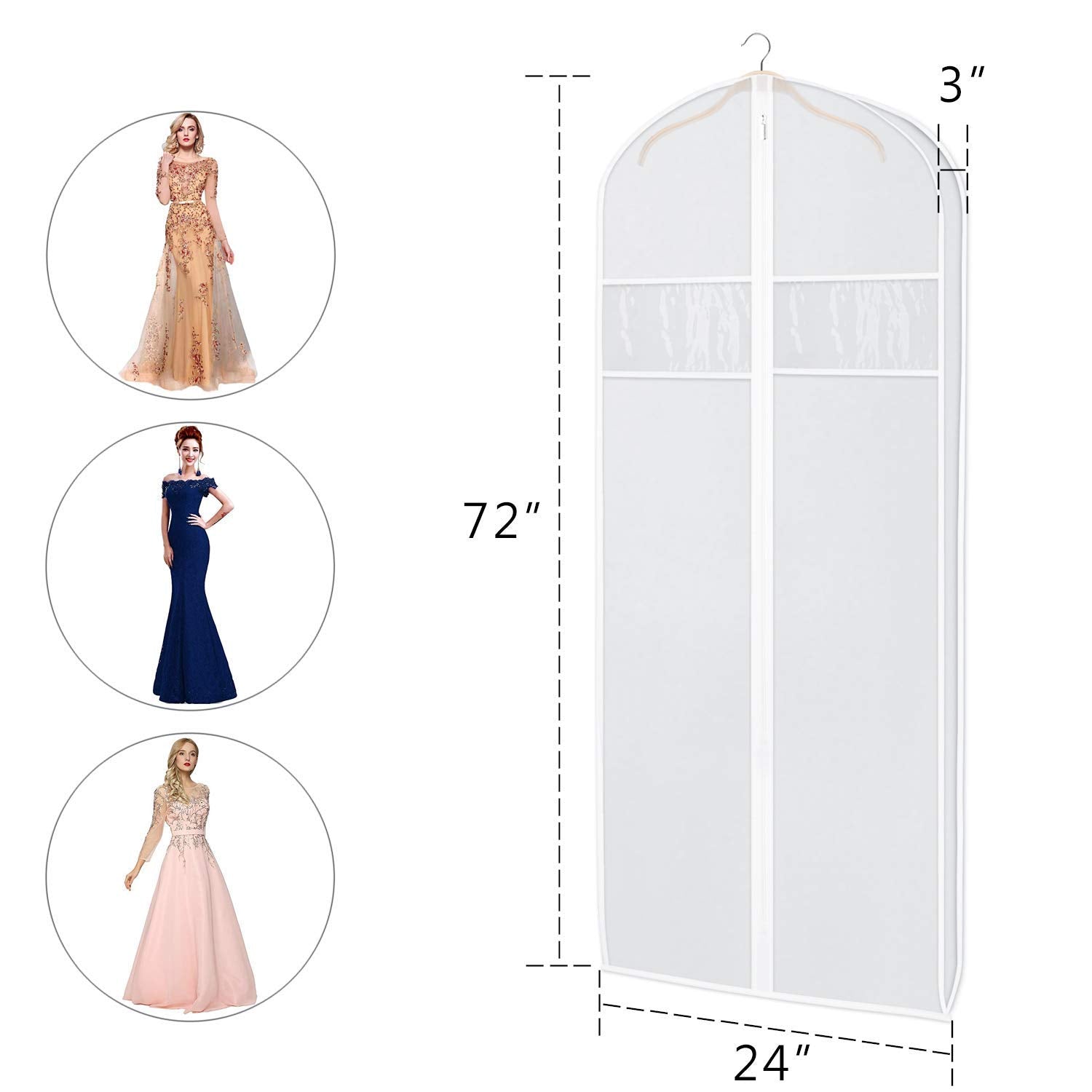 Zilink Dress Bags For Gowns Long 72-Inch Garment Bags For Long Dresses Clear Dress Protector Bag With 3'' Gusset And Full Length