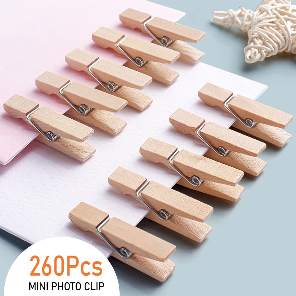 Mini Clothes Pins, 260 Pcs Small Wooden Clothes Pins With Jute Twine, Clothespins, Clothes Pins For Photos Crafts Diy Project