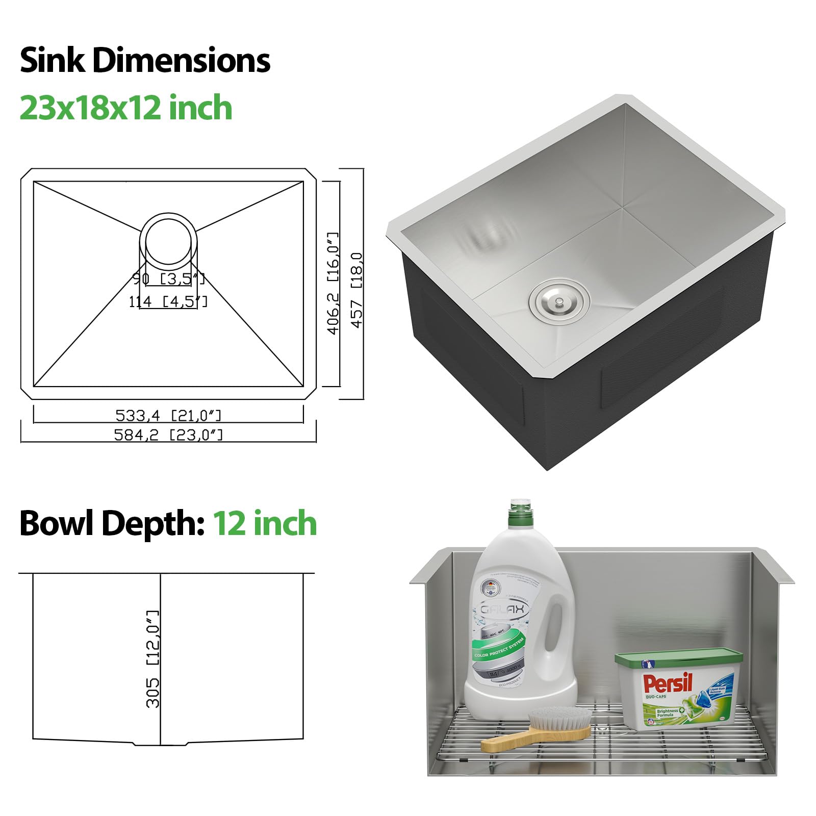 Couoko 23 Inch Undermount Laundry Sink 16 Gauge Stainless Steel 12 Inch Deep Single Bowl Under Counter Handmade Utility Outdoor
