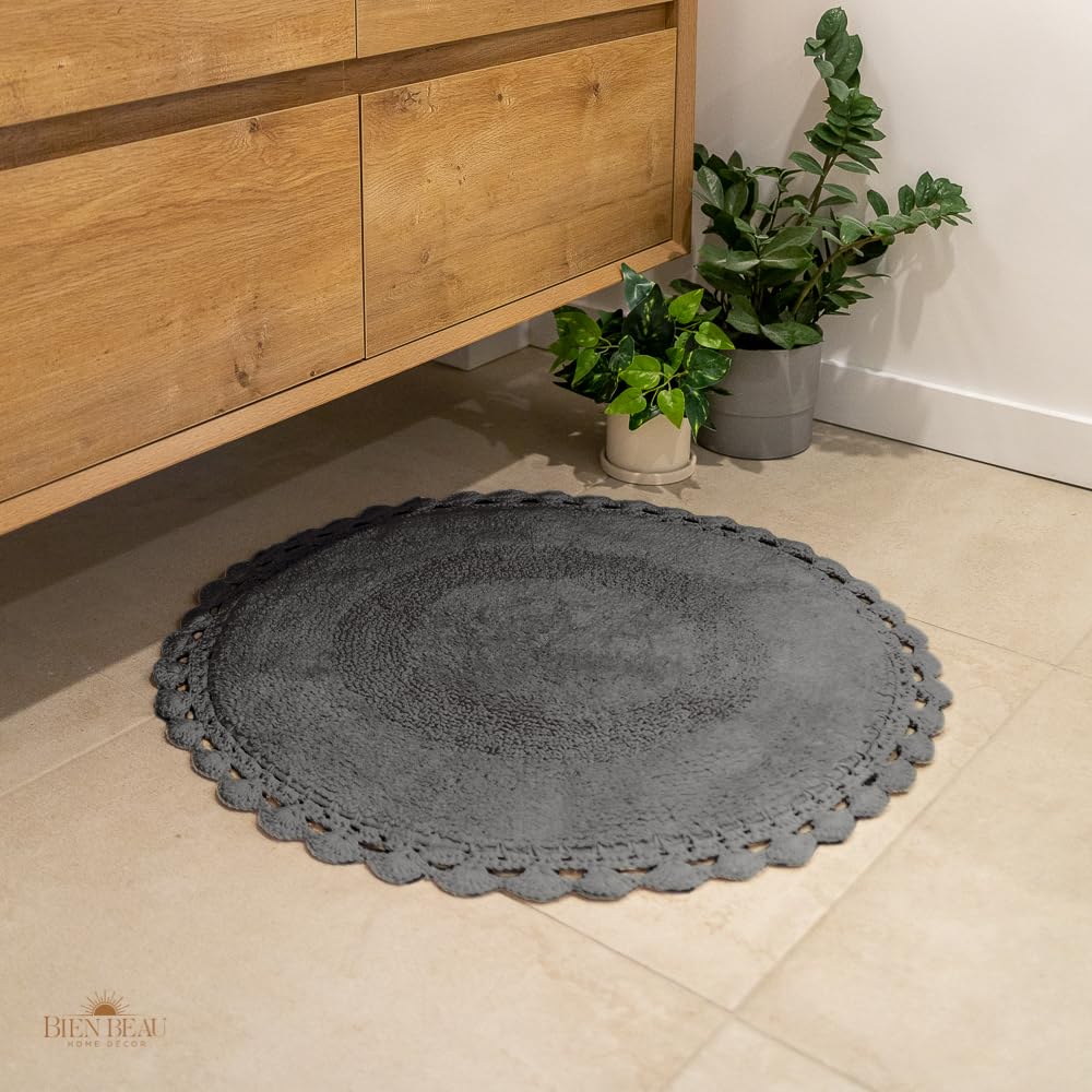 Bien Beau Round Bohemian Bathroom Rug With Crochet Contour. Charcoal Bathroom Rugs-100% Cotton, Reversible Round Boho Bedroom Ma