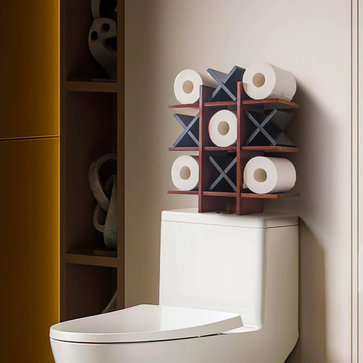 Daoyousky Tic Tac Toe Toilet Paper Holder Stand With 4Pcs Wooden X, Farmhouse Rustic Wall Mounted Funny Toilet Papers Storage Or