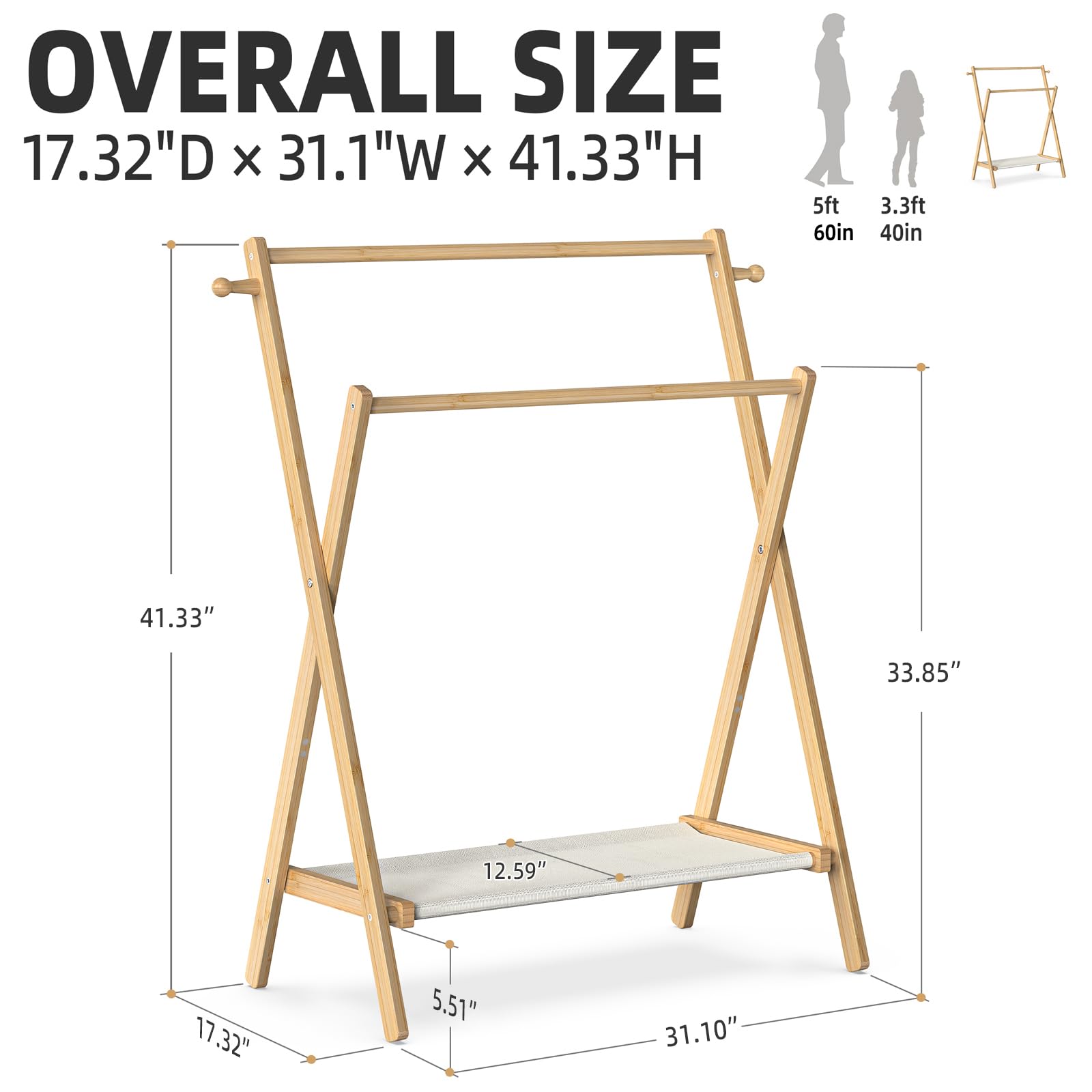 Bamboohomie Kids Clothing Rack, Small Clothes Rack For Toddler Pets, Kids Dress Up Rack With Storage Shelf & Double Rods, Foldab