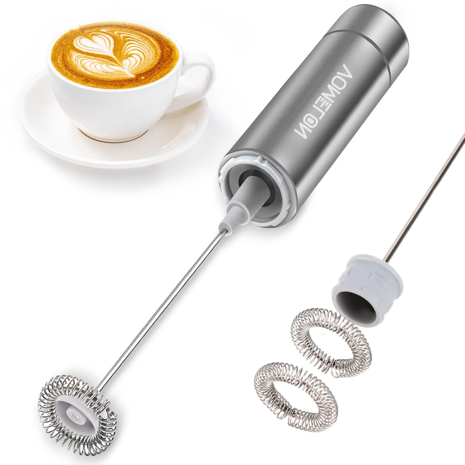 Vomelon Milk Frother, Handheld Battery Operated Frother For Coffee,Portable Drink Mixer With 2 Stainless Steel Whisk Heads, Milk