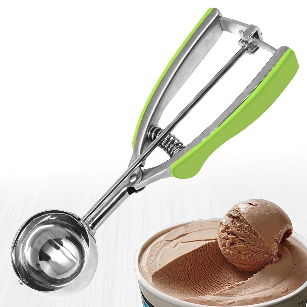 Millvado 3 Pack Stainless Steel Ice Cream And Cookie Scoops | With Green Rubber Grips - Spring Loaded Lever Design - For Sorbet,