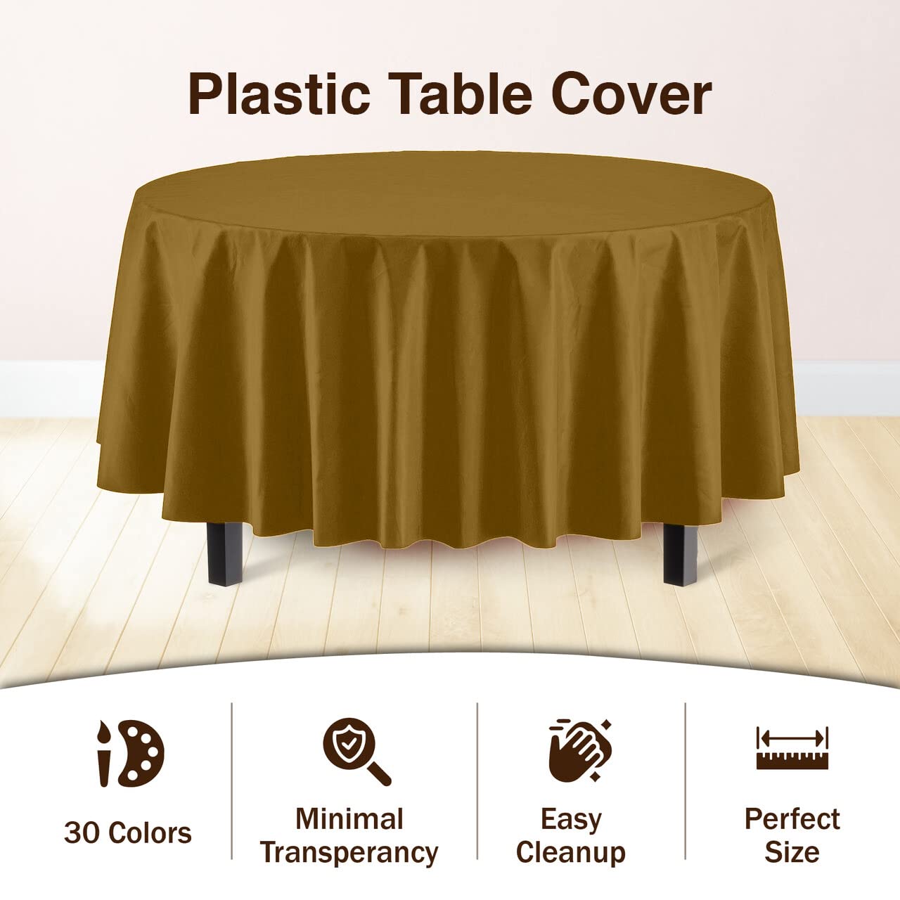 Exquisite 6-Pack Premium Plastic Tablecloth 84In. Round Plastic Table Cover - Gold