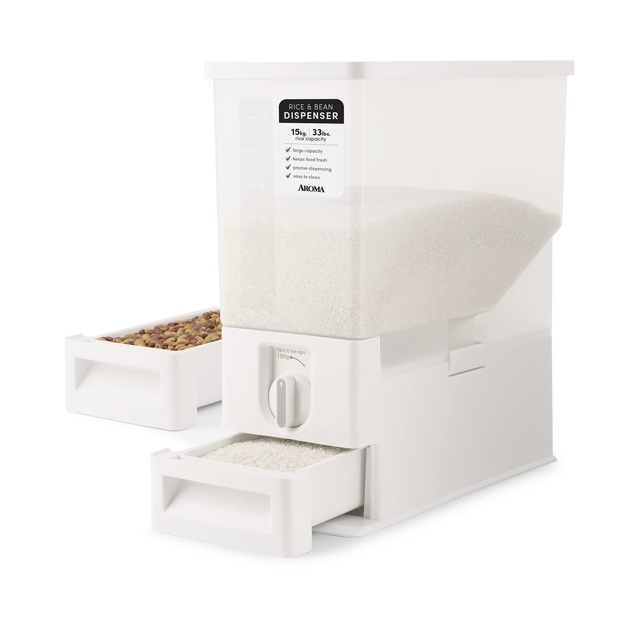 AROMA XL 33-Pound Rice Dispenser and Countertop Beans or Grain Storage Bin with Automatic Measuring Funnel (ARD-133)