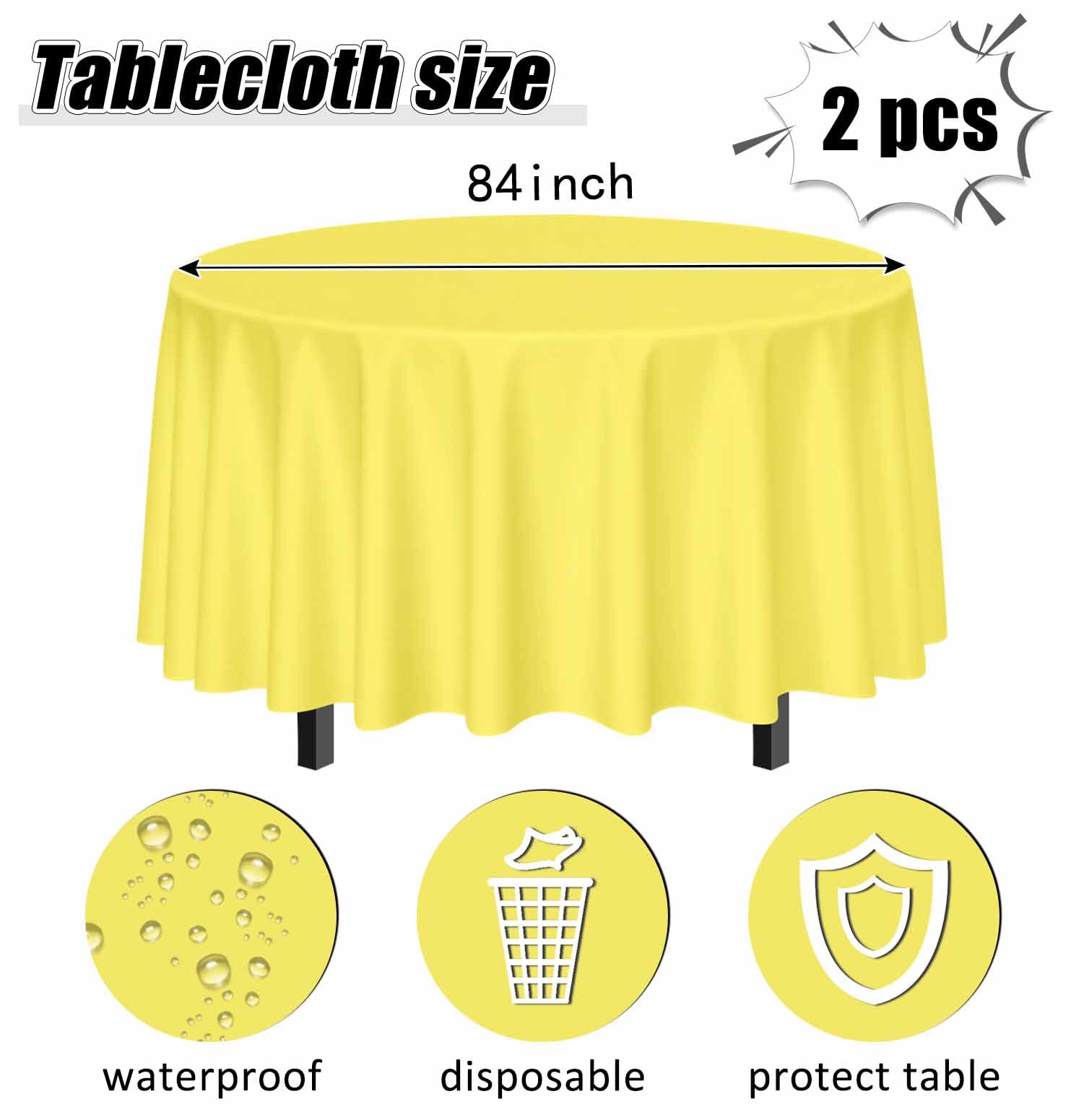 SietDESEO 2 Pack Yellow Tablecloth Round 84 x 84 Plastic Table Cover Waterproof Yellow Table Cloth Disposable for Wedding Birthd