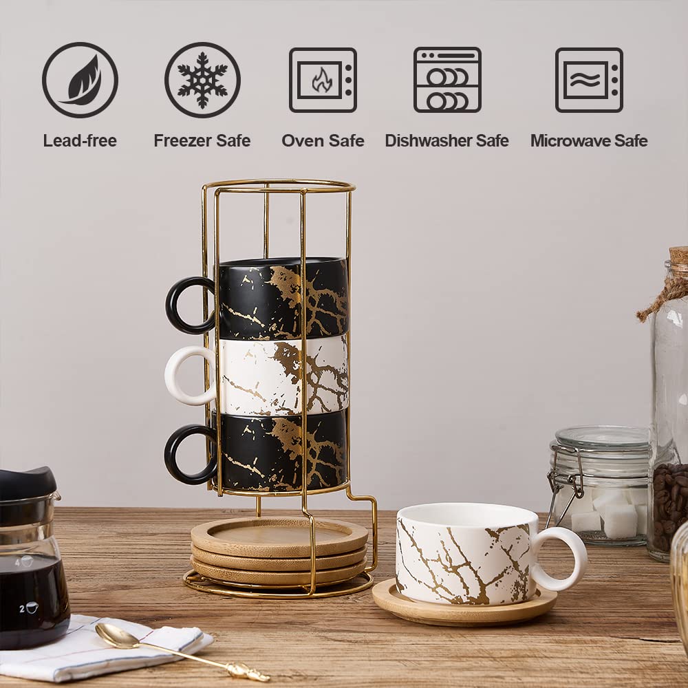 Luka Porcelain Espresso Cup With Metal Stand, 6 Ounce Stackable Ceramic Demitasse Espresso Mugs Cappuccino Cups Set For Latte,Co