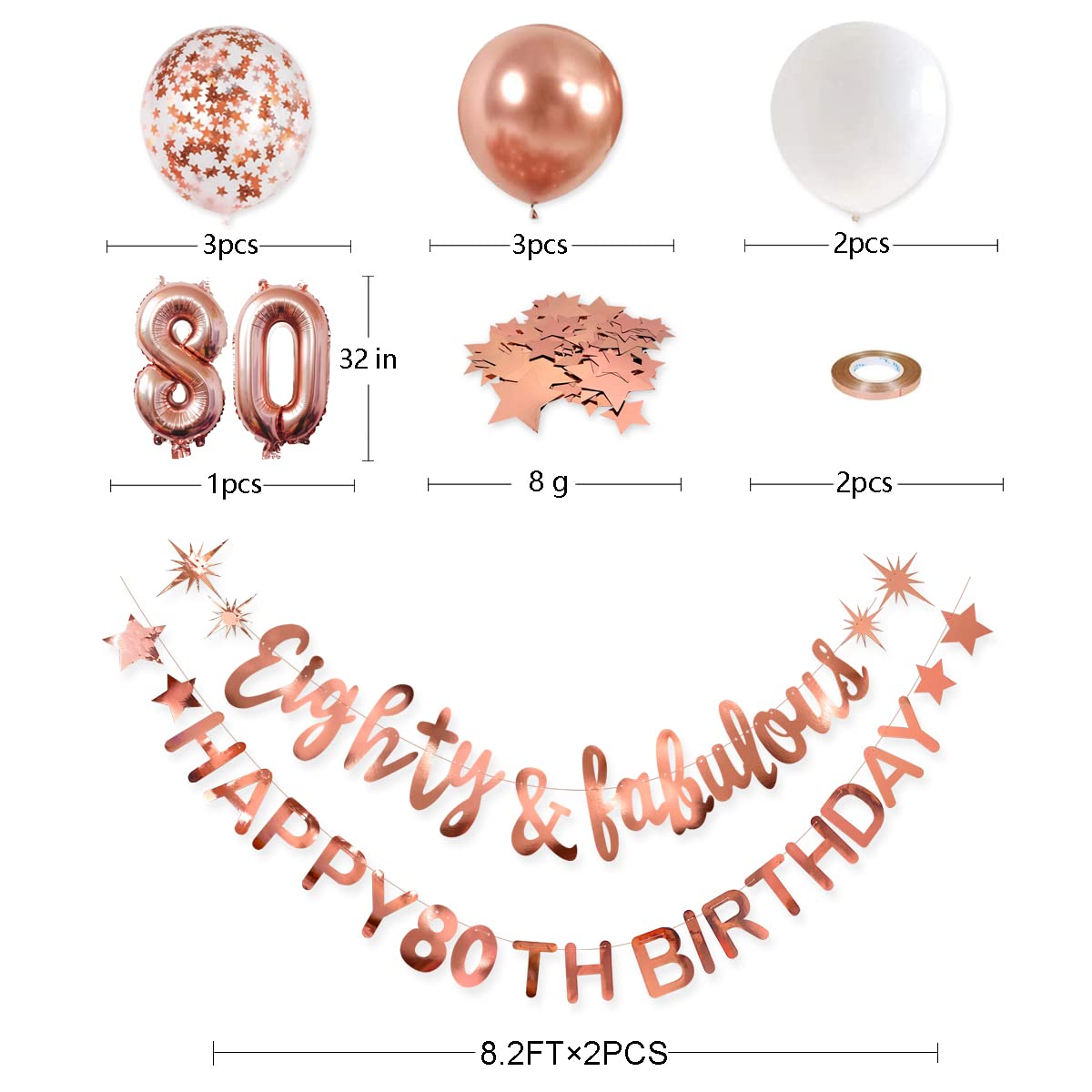 Rose Gold Eighty & Fabulous Happy 80Th Birthday Banner Garland Foil Balloon 80 For Womens 80Th Birthday Decorations Hanging 80 A