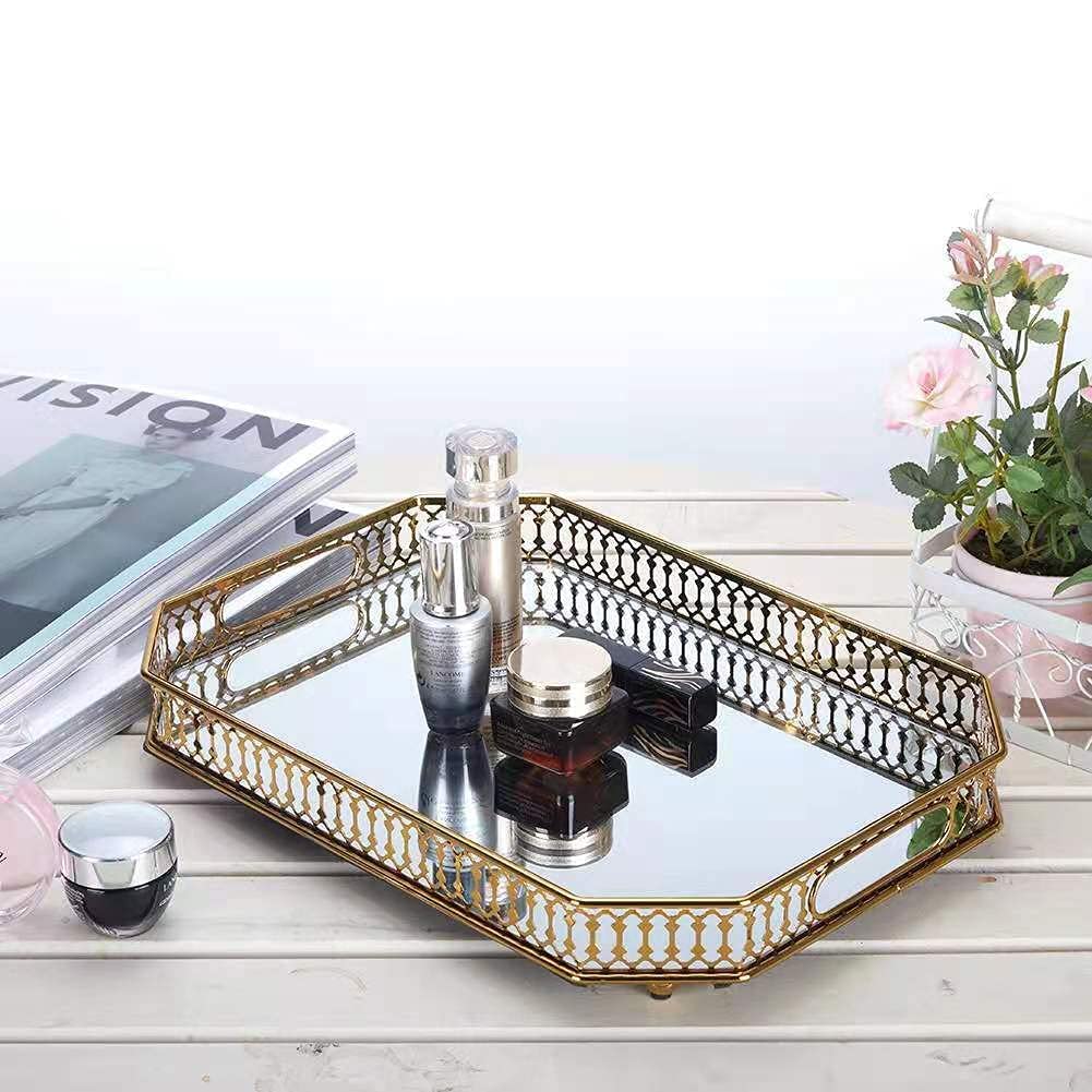 Perfume Tray, Mirror Tray, Vanity Tray, Glass Tray, Rectangle Metal Decorative Dresser Tray, Jewelry Organizer Makeup Tray For D