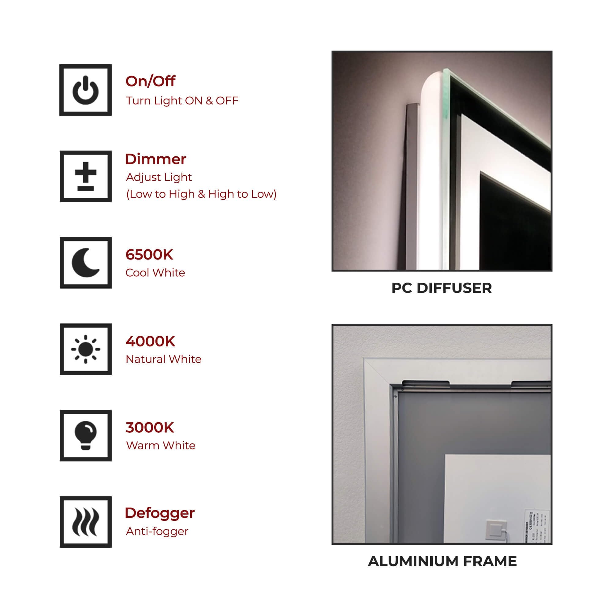 Dimmable LED Bathroom Mirror 18'' x 40'' Front and Backlit Anti-Fog Memory Brightness  Three Color Options Wall Mounted Rectangle Lighted Mirror for Vanity (Horizontal/Vertical) Frameless Wall Mirror