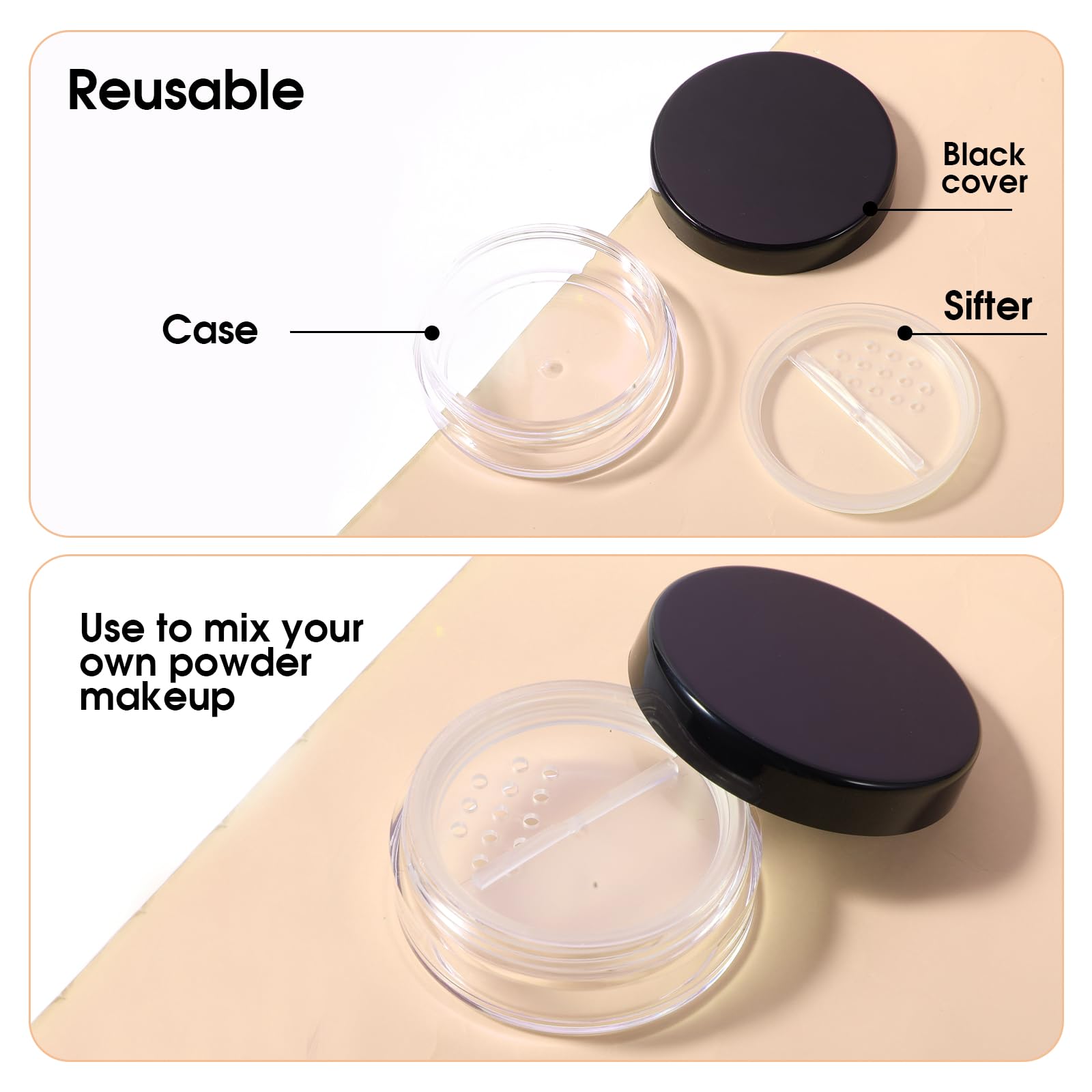 Josojoou 6pcs Refillable Makeup Powder Containers, 10ml Plastic, Leakproof Black Screw Lid, Compact Travel Case, Model 670410_1_OSgsJwD6