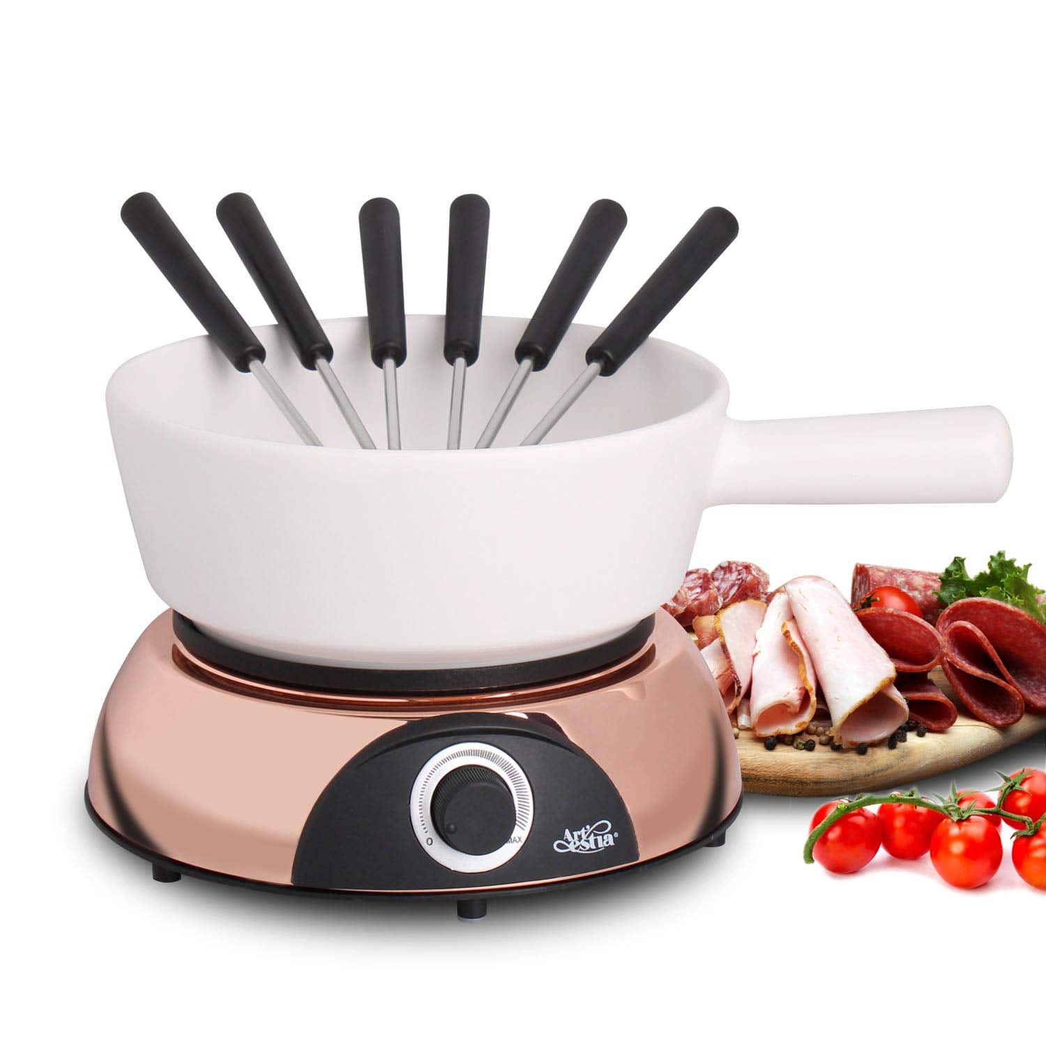 Artestia 2-Qt Electric Fondue Pot For Meat, 1500W Ceramic Chocolate Melting Pot With Adjustable Temperature, 6 Fondue Forks, Whi