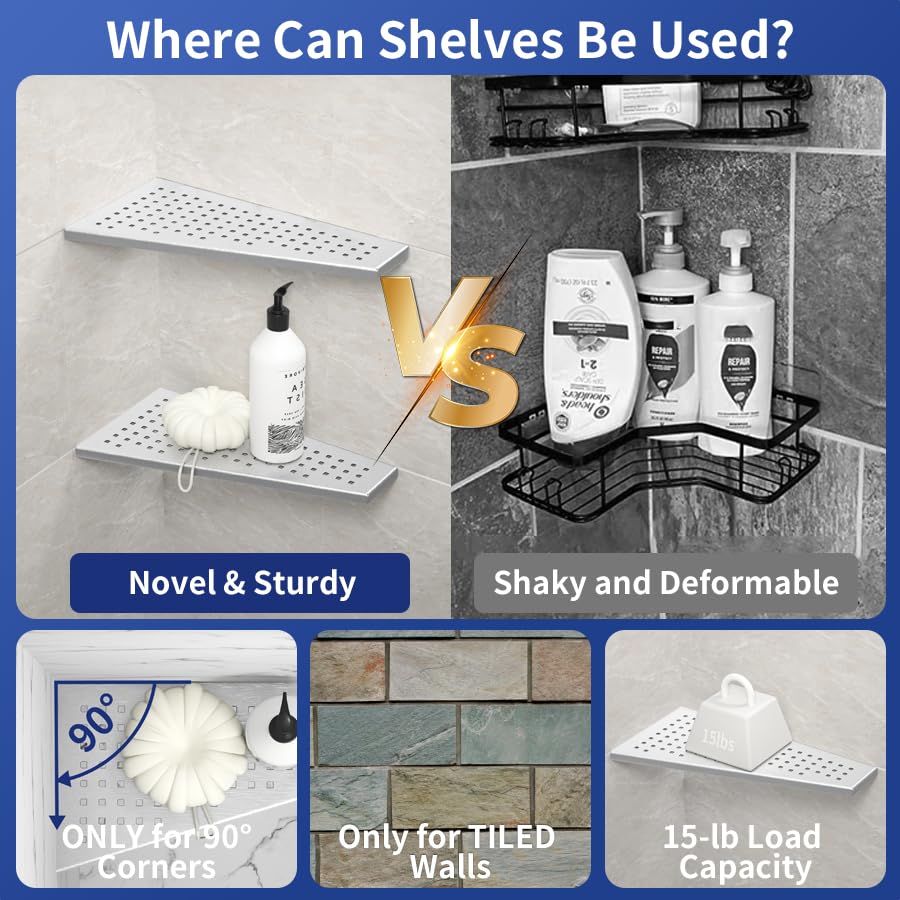 Bernkot Corner Shower Shelf, 12'' Trapezoid Floating Shelf, 304 Stainless Steel Grid Design Recessed Bathroom Shelf For Tiled Wa