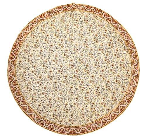 India Arts Hand Block Print Tablecloth Round 72 Inch, 100% Cotton Red Yellow Floral Table Cloth For Kitchen Dining Linen, Weddin