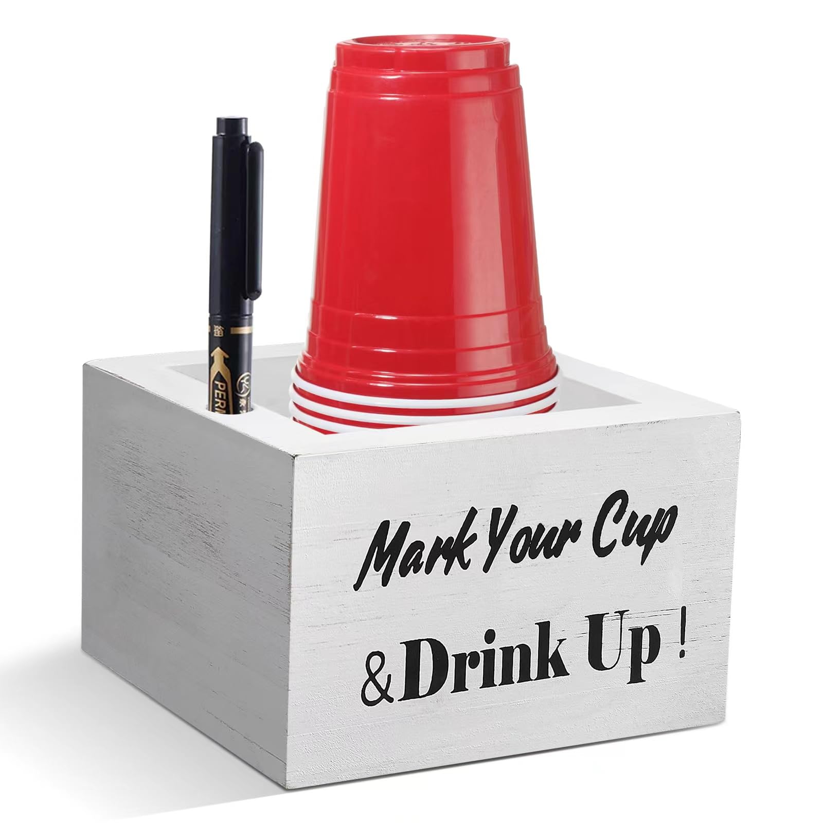 Sllpl Wooden Cup Holder - Party Cup Holder With Marker Slot, Cup Holder For Party And Wedding, Rustic Disposable Cup Holder For