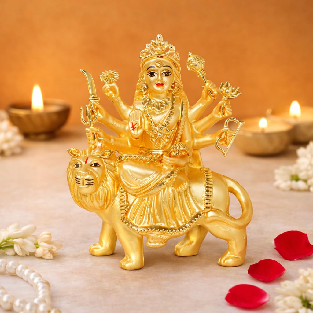 Craftvatika Gold Durga Mata Idol Murti - Sherawali Maa Statue With Gift Box Figurine For Home Office Desk, Pooja Home Decor Item