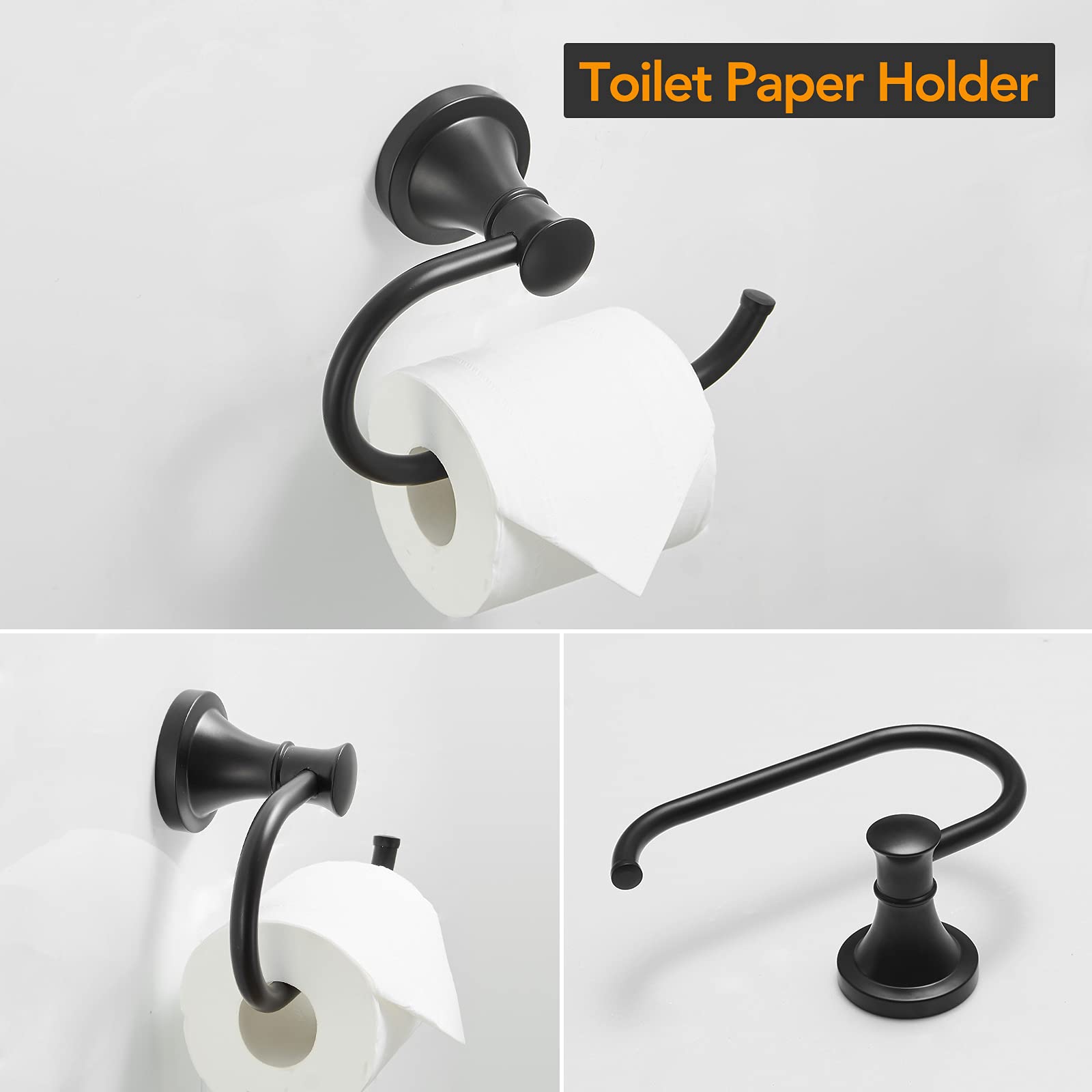 BESy Matte Black 4 Piece Bathroom Accessories Set (Single Towel Bar  Towel Ring  Toilet Paper Holder  Double Towel Hooks)  Wall Mounted Bath Hardware Accessory Fixtures Rack Set