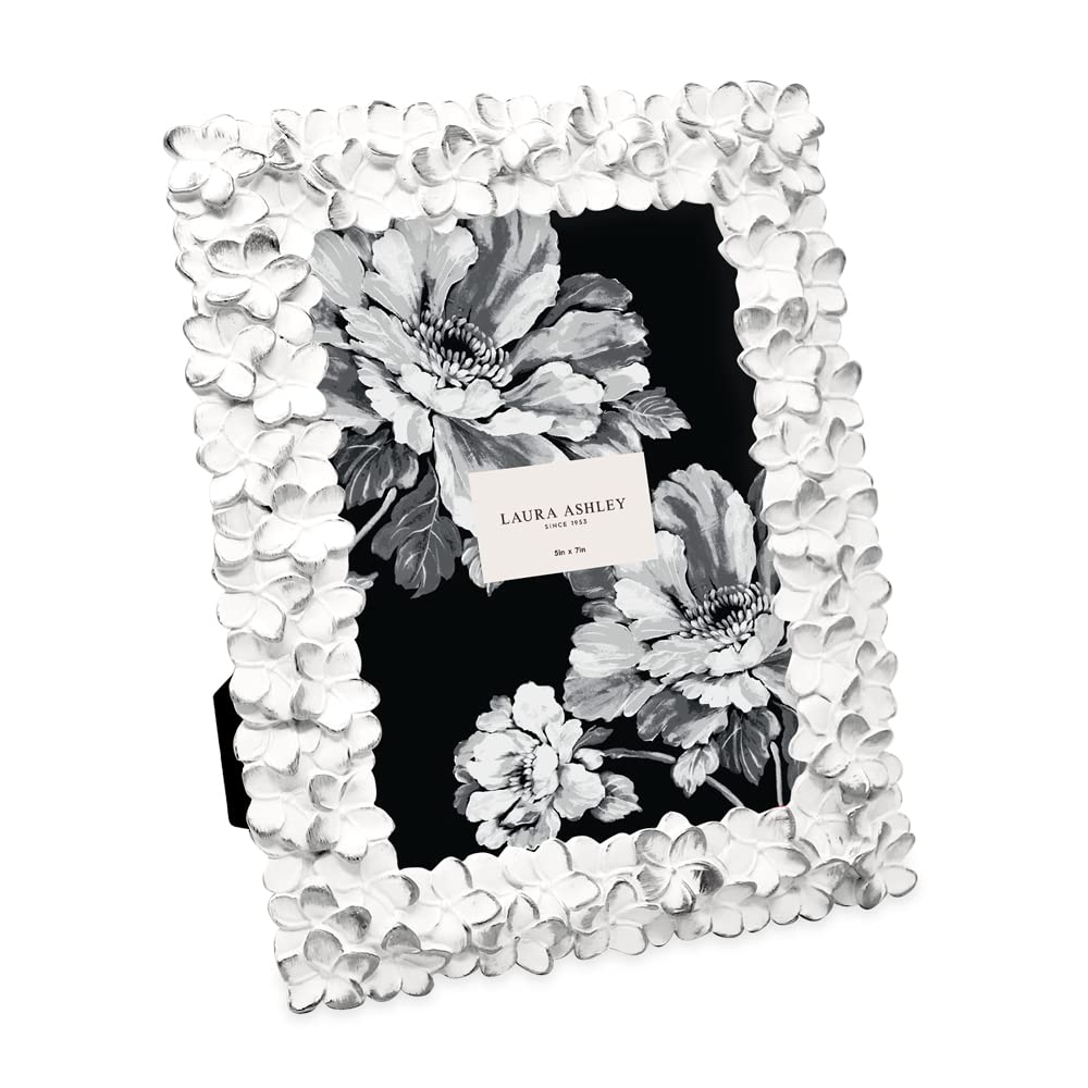 Laura Ashley 5x7 White & Silver Flower Textured Hand-Crafted Resin Picture Frame w/Easel & Hook for Tabletop & Wall Display, Dec