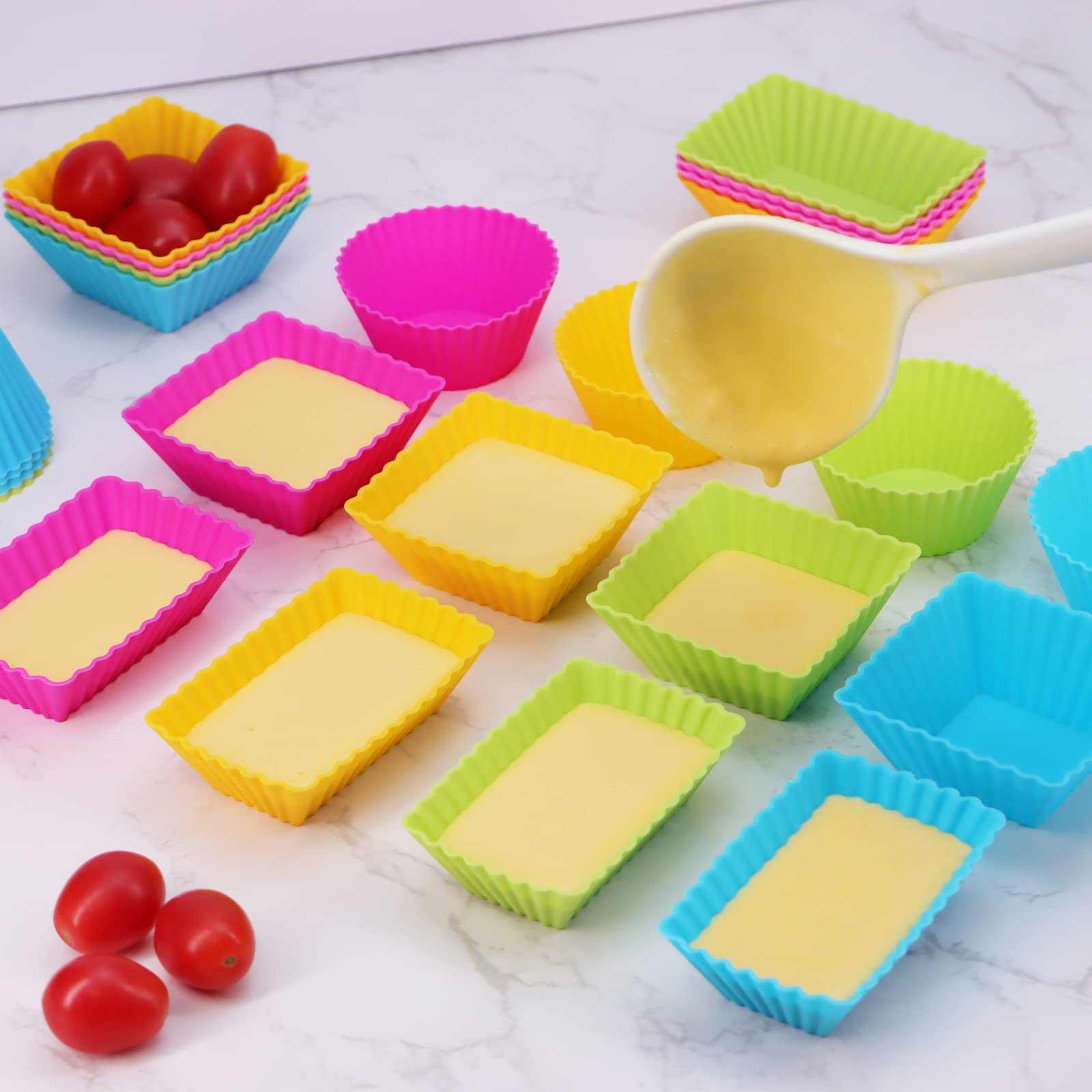 Sawnzc Silicone Cupcake Liners, 24Pack Reusable Baking Cups Muffin Liners Pastry Cake Molds, 3 Shapes Lunch Box Bento Dividers-R