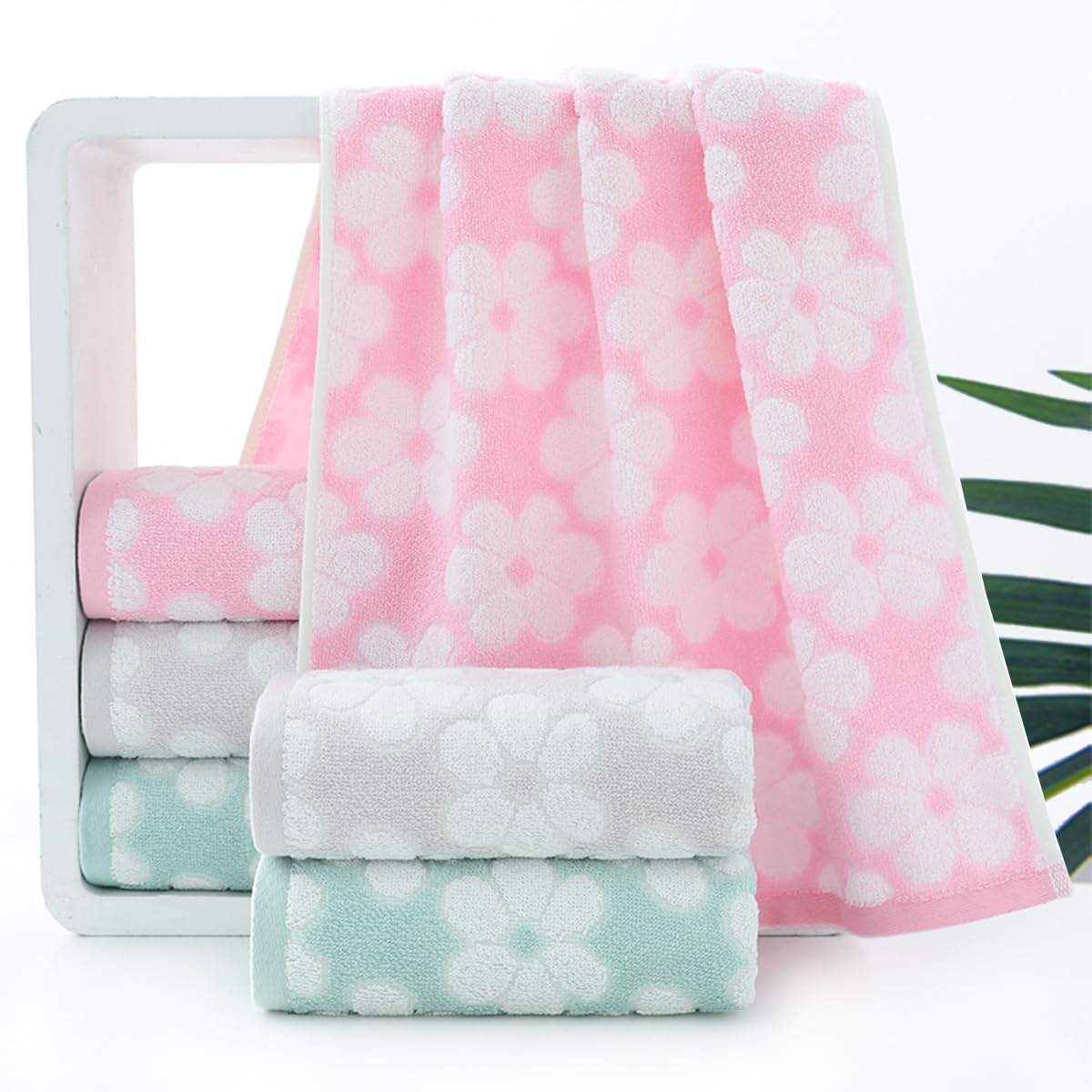 Pidada Hand Towels Set Of 2 Floral Pattern 100% Cotton Soft Absorbent Decorative Towel For Bathroom (Green)
