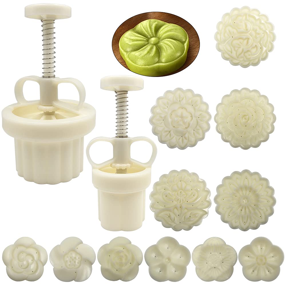 2 Set Mooncake Mould Press With 11 Stapms, Finegood Diy Cookie Cutter 50G 100G Flower Press Mooncake Mould Hand Pressure Mooncak