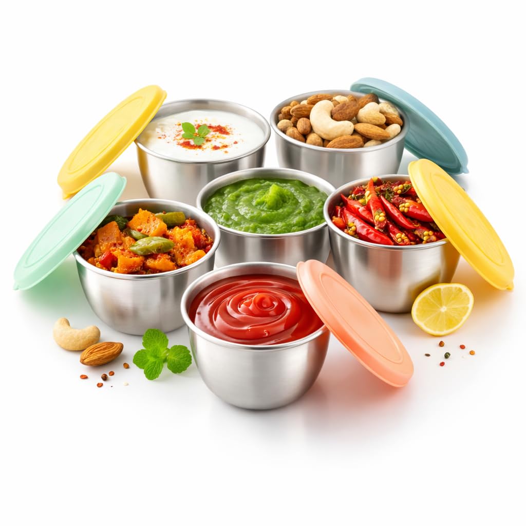 Marsion Stainless Steel Mini Storage Containers With Lid (Pack Of 6, 80 Ml) LeakProof Small Round Sauce & Chutney Cups For Kids