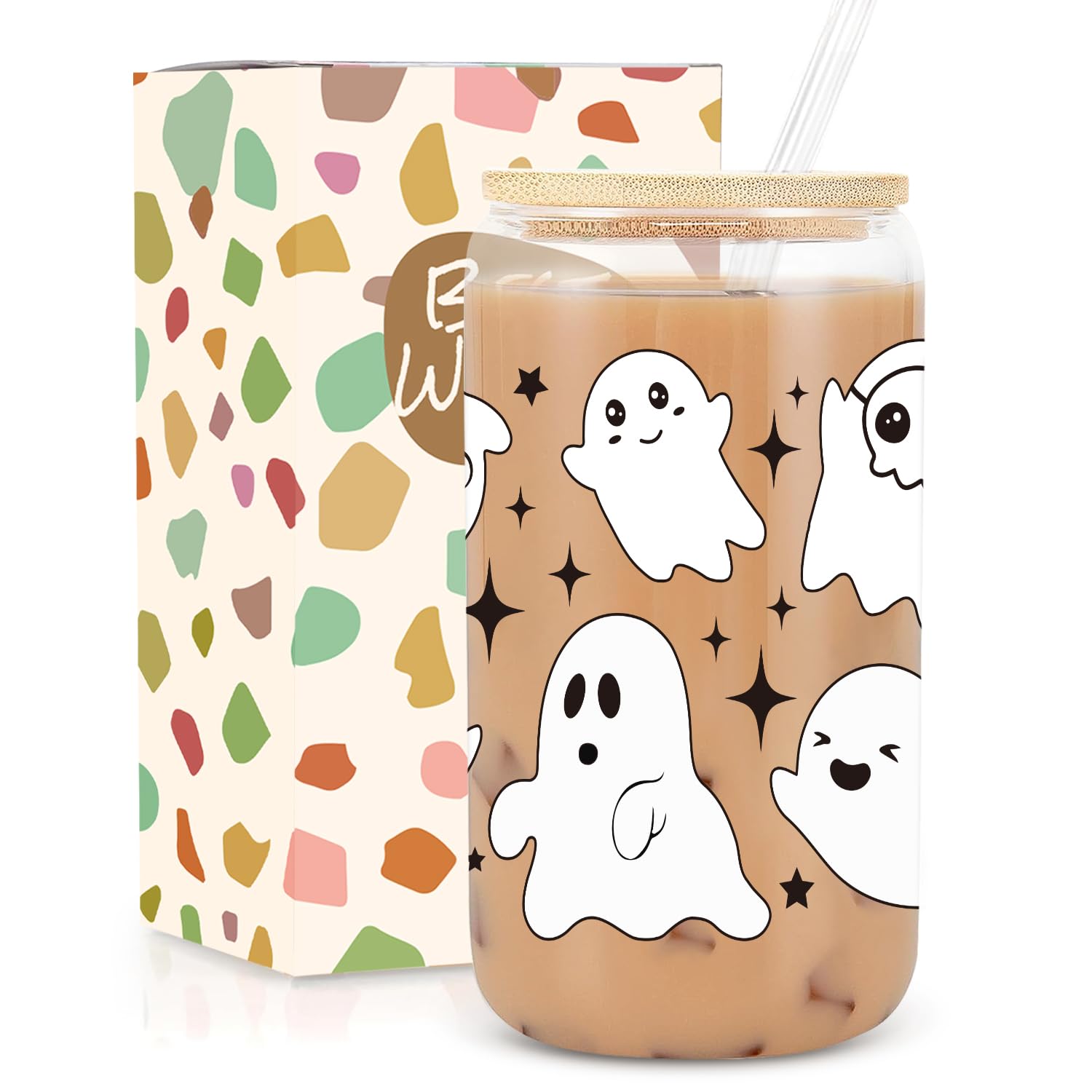 UAREHIBY Halloween Ghost Glass Cup, Cute Boo Basket Stuffers, Spooky Cups for Iced Coffee, 18oz Tumbler Glass Cups with Lids and