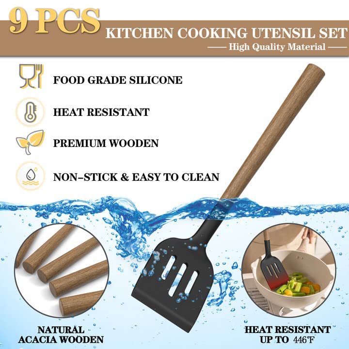 Silicone Kitchen Cooking Utensil Set, 9Pcs Kitchen Utensils Spatula Set With Wooden Handle For Nonstick Cookware, 446F Heat Resi